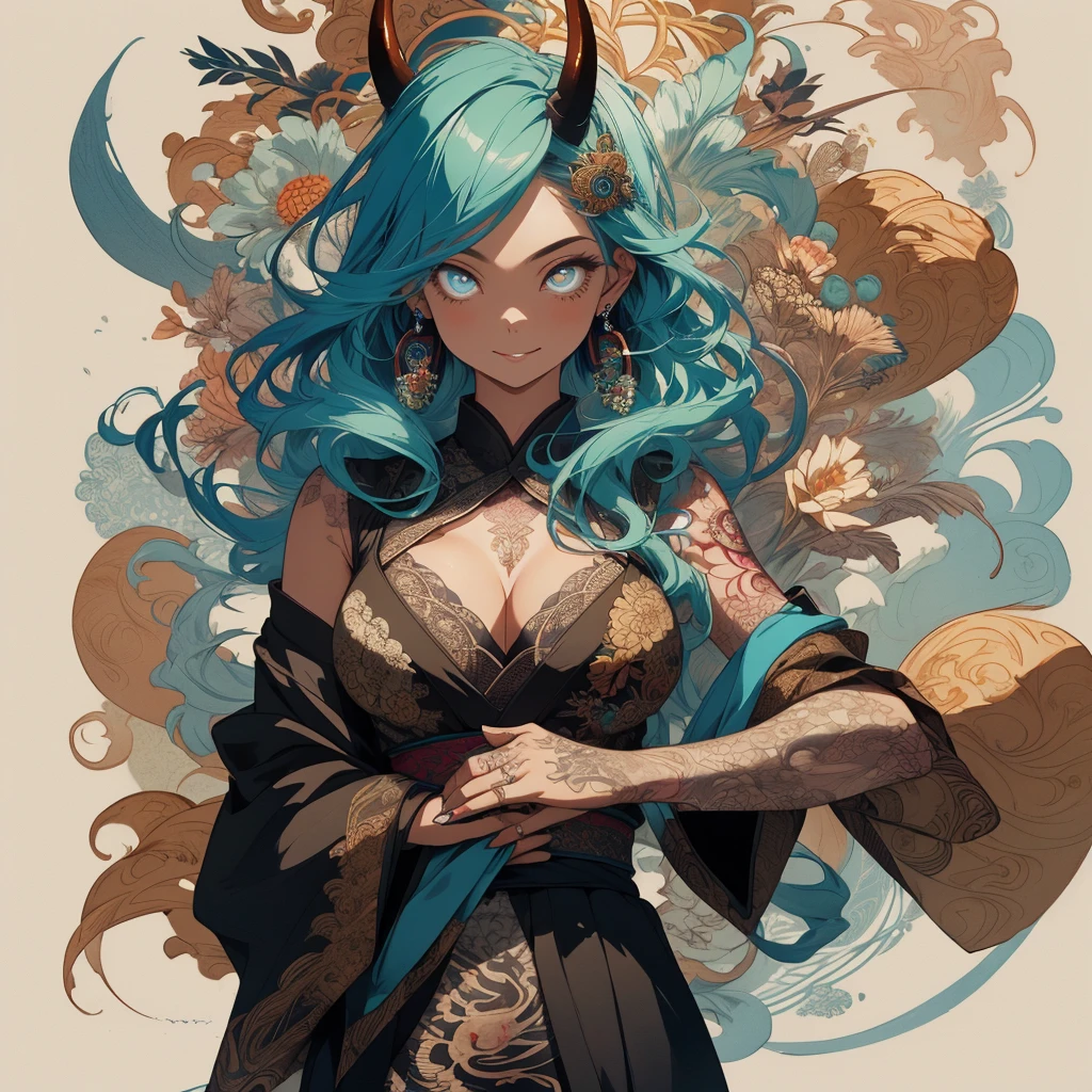 (((highest quality))),(((32k))),(((girl with tattoos))),very delicate face,perfect physical beauty,(Super beautiful woman),Fancy hair color,earrings,(((big breasts))),(Emphasize cleavage),mandala,Geometric pattern,coat of arms,Detailed tattoo,(((detailed eyes))),Charm,The face is beautiful,background is white,smile,Japanese sculpture,stick out tongue,Bodhidharma,Yasa,Demon Fox,Japanese style,Buddha,Horn,