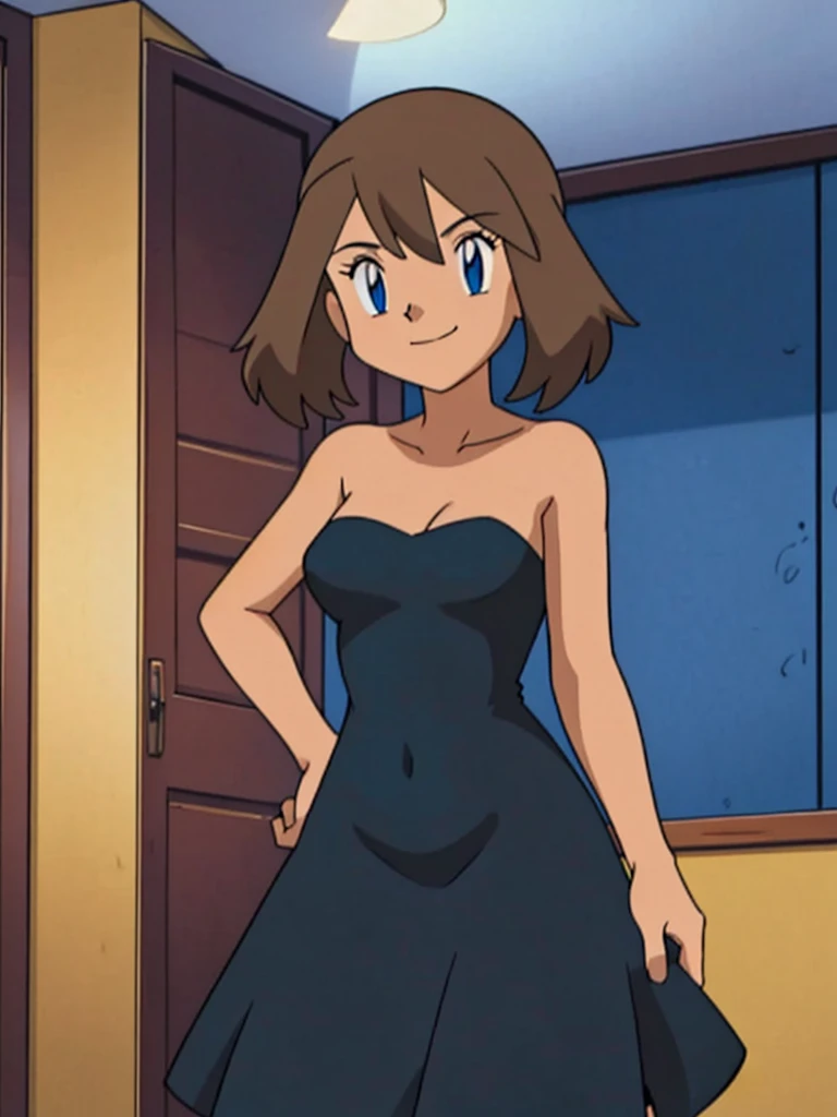 masterpiece, Best Quality, hight resolution, indoor, 1 girl, Solo, May (A pokémon), blue eyes, short brown straight hair, bare shoulders, bare arms, black strapless dress, black sweetheart mini dress, indoor room, closed mouth, smile, seductive, standing up, close up