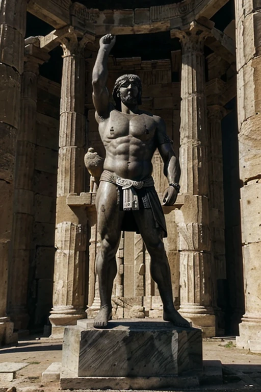 A dark landscape image of an ancient greek society deeply connected to stoicism, black and white, ancient greek architecture, include one single big statue of a stereotypical strong greek man, marcus aurelius