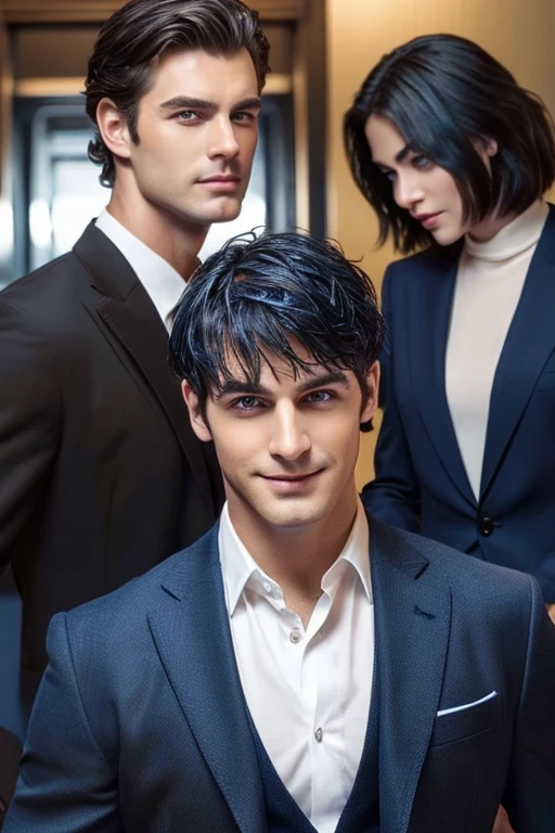 ((muste piece)), ((best quality)), ((brown skin)), ((dark blue eyes)), ((Dark blue hair))、handsome man , ((short hair)), masculine、tall、sexy、Adult man、Three white eyes、handsome man、firmly、muscular、broad shoulders、smile、wild、とてもwild、(((black suit)))、
