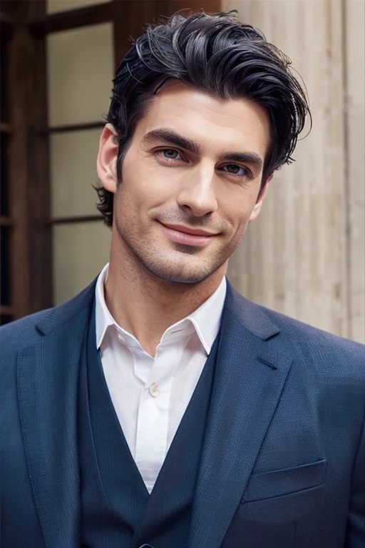 ((muste piece)), ((best quality)), ((brown skin)), ((dark blue eyes)), ((Dark blue hair))、handsome man , ((short hair)), masculine、tall、sexy、Adult man、Three white eyes、handsome man、firmly、muscular、broad shoulders、smile、wild、とてもwild、(((black suit)))、