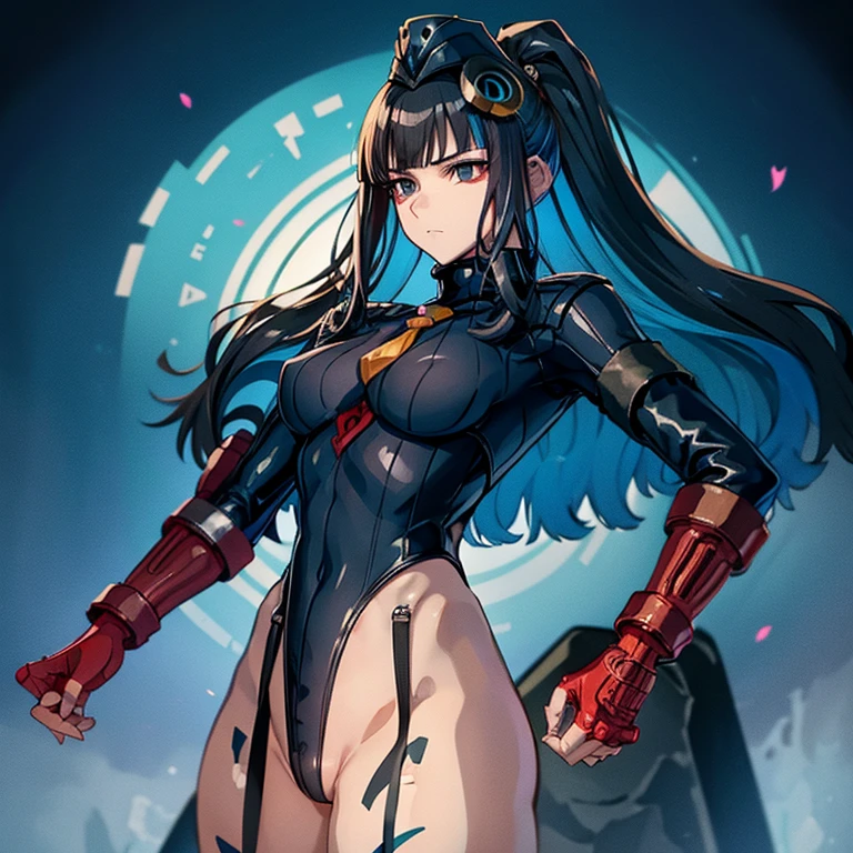 ultra-detailed, Explicit, Beautiful body, Beautiful Nose, Beautiful character design, perfect eyes, perfect face, ultra highres, 4K, beautiful legs, perfect legs, perfect anatomy, Nice hands, Perfect hand, Masterpiece, Best Quality, Highly detailed, illustration, absurdres, street fighter, doll suit, shadaloo doll, dollsuit, expressionless, blank eyes, looking at viewer, red gloves, emotionless, black latex, corrution, mind control, female combatant, full body, hypnotized, unhappy trance, full body suit, ribbed bodysuit, both arms at side, obey, perfect female body, extremely glossy latex, hypnosis, hypnoLora, empty eyes, Mind control device, poses, submissive_pose, Slave, hat, necktie, stand up straight, standing, standing at attention, hat, necktie, belt, latex, ribbed bodysuit, thighhighs, garter belt, Fighting Stance, military, thigh boots, 1girl, solo, saluting, military, military saluting, nazi saluting, tlaloc_fgo, bangs, black_hair, blue_hair, multicolored_hair, long_hair, hat, breasts, jewelry, sunglasses, streaked_hair, black_eyes