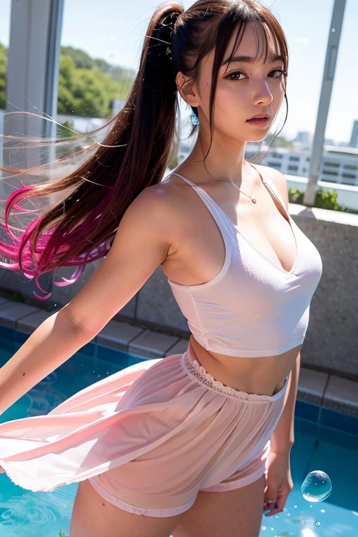 (masterpiece), (best quality), (ultra detailed),(disheveled hair),(illustration), (1girl), (Fashionable clothing), standing, Fashion model, looking at viewer, (interview), ( background),beautiful detailed eyes, delicate beautiful face, Floating,(high saturation),(colorful splashes),colorful bubble,(shining), focus on face, ponytail, kamisato ayaka, light blue hair, bangs, hair ring, floating flowers, floating hairs, (shining), best lighting, best shadow,
