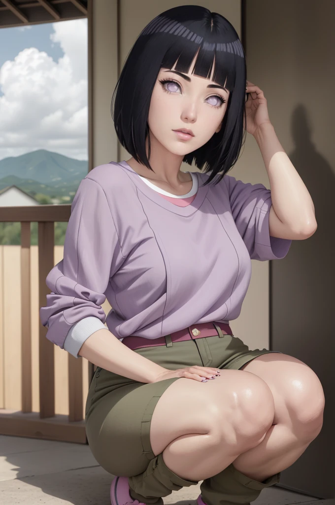 master part, absurdos, Hinata\(Boruto\), 1girl, sozinho,Mature female, Capuz roxo,mangas em camadas, brown pants, ao ar livre, Cloudy sky, perfect composition, circunstanciado lips, peito grande, beautiful face, body propotion, corar, (pink lips), cabelos pretos curto (black hair), lilac eyes, olhar suave, super realistic, circunstanciado, Photo Session, rosto e corpo realistas, Realistic hair, olhos realistas, nariz realista, realistic lips, brown pants, anime, andando sob as petalas de flores, lilac sneakers