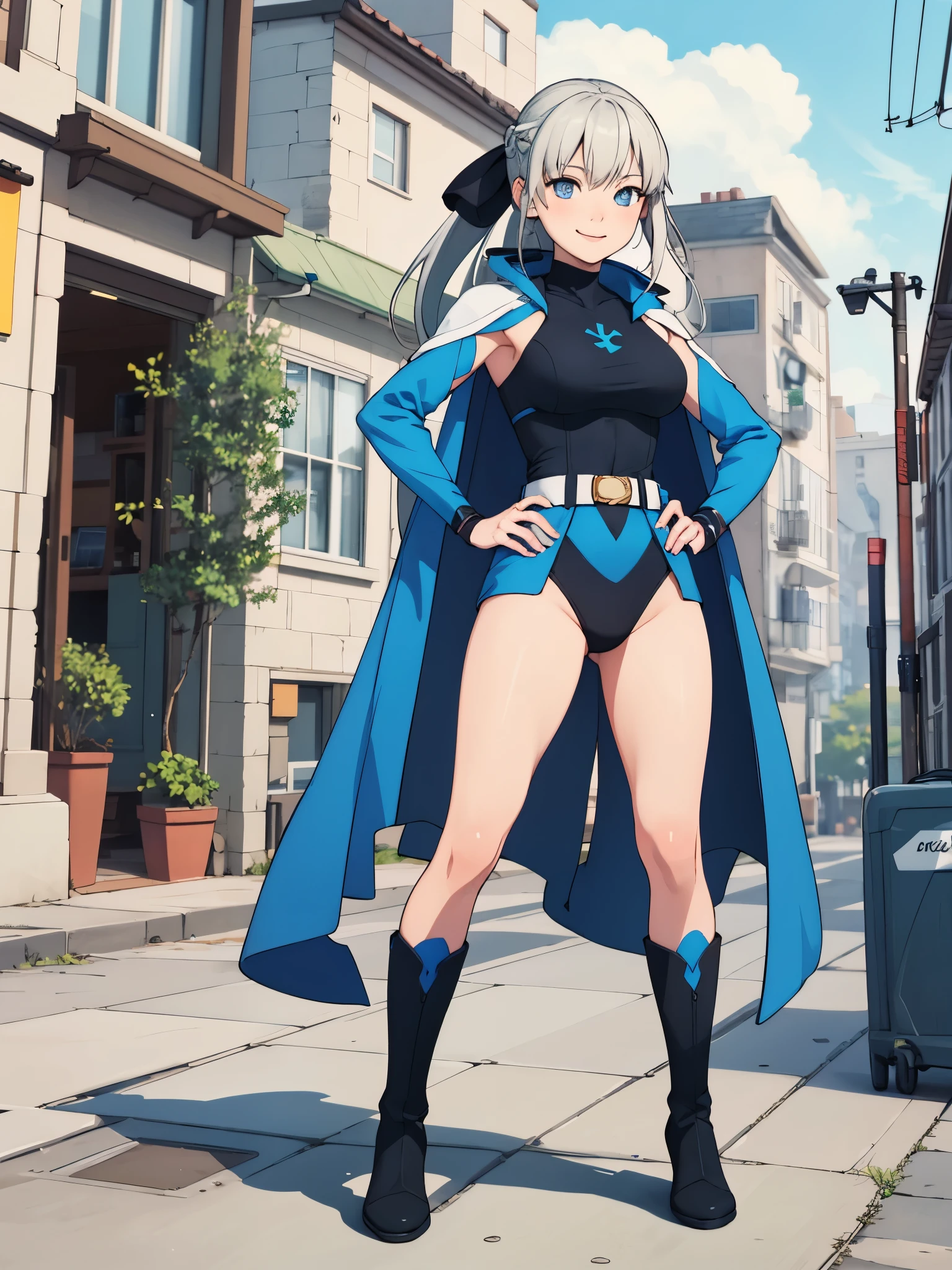 (masterpiece, best quality:1.2), solo, 1girl, morgan le fay, smile, looking at viewer, long grey hair, braid, ponytail, hair bow, superhero, leotard, bare legs, boots, standing, solo focus, tight belt, hands on hip, full body shot, mature lady, city backdrop, ultra highres, absurdres, beautiful face, detailed eyes, symmetric eyes