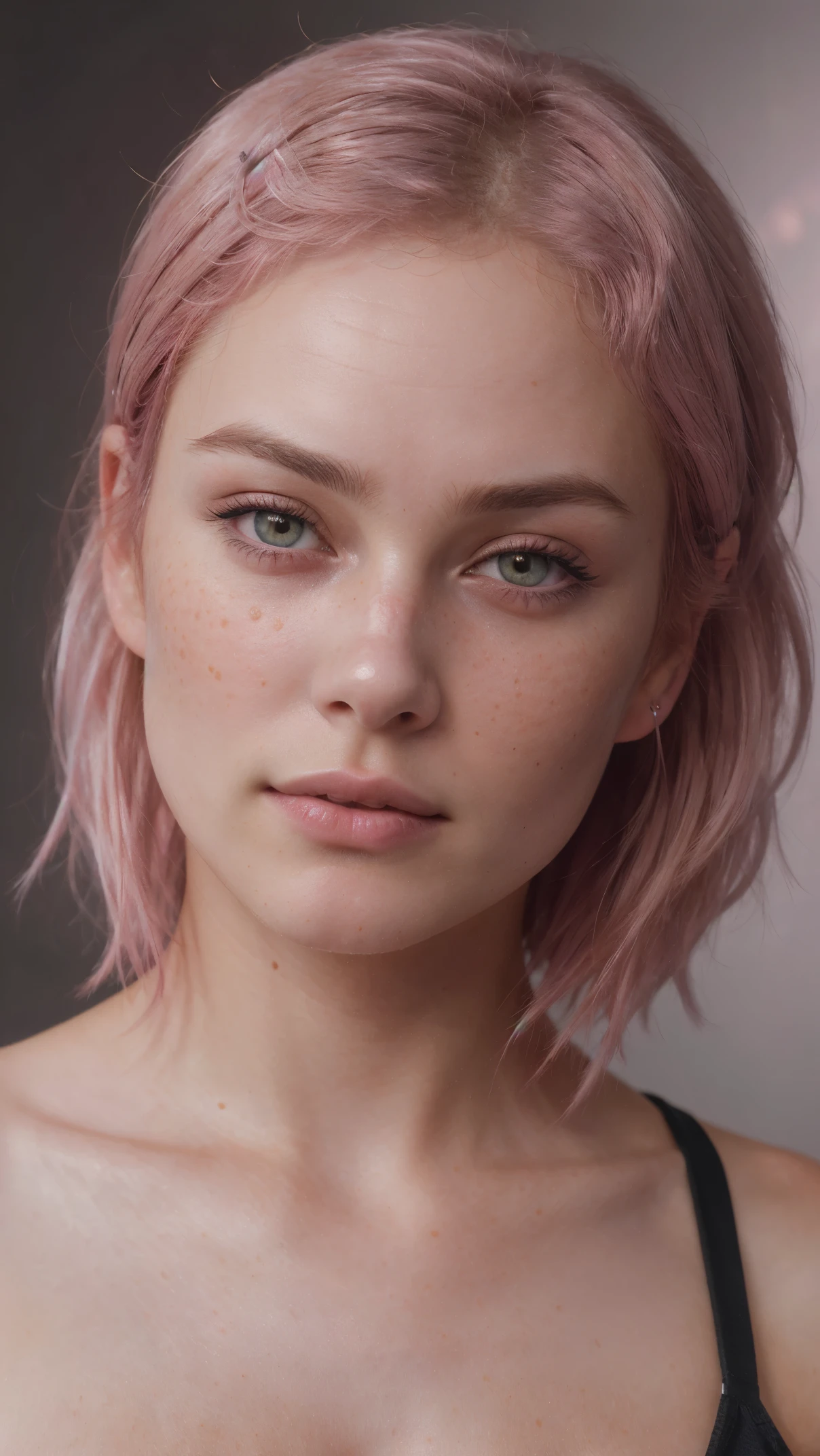 8k, RAW photo, highest quality),(epic realistic:1.5), a beautiful young girl face looking like Kiera Knightley, pink eyes, slim and young face (detailed eyes:0.8),(looking at the camera:1.4), (highest quality), (best shadow),intricate details,cinematic,((skin:1.4)),interior, (medium pink hair:1.3),dark studio,(hdr:1.5),detailed, muted colors, freckles