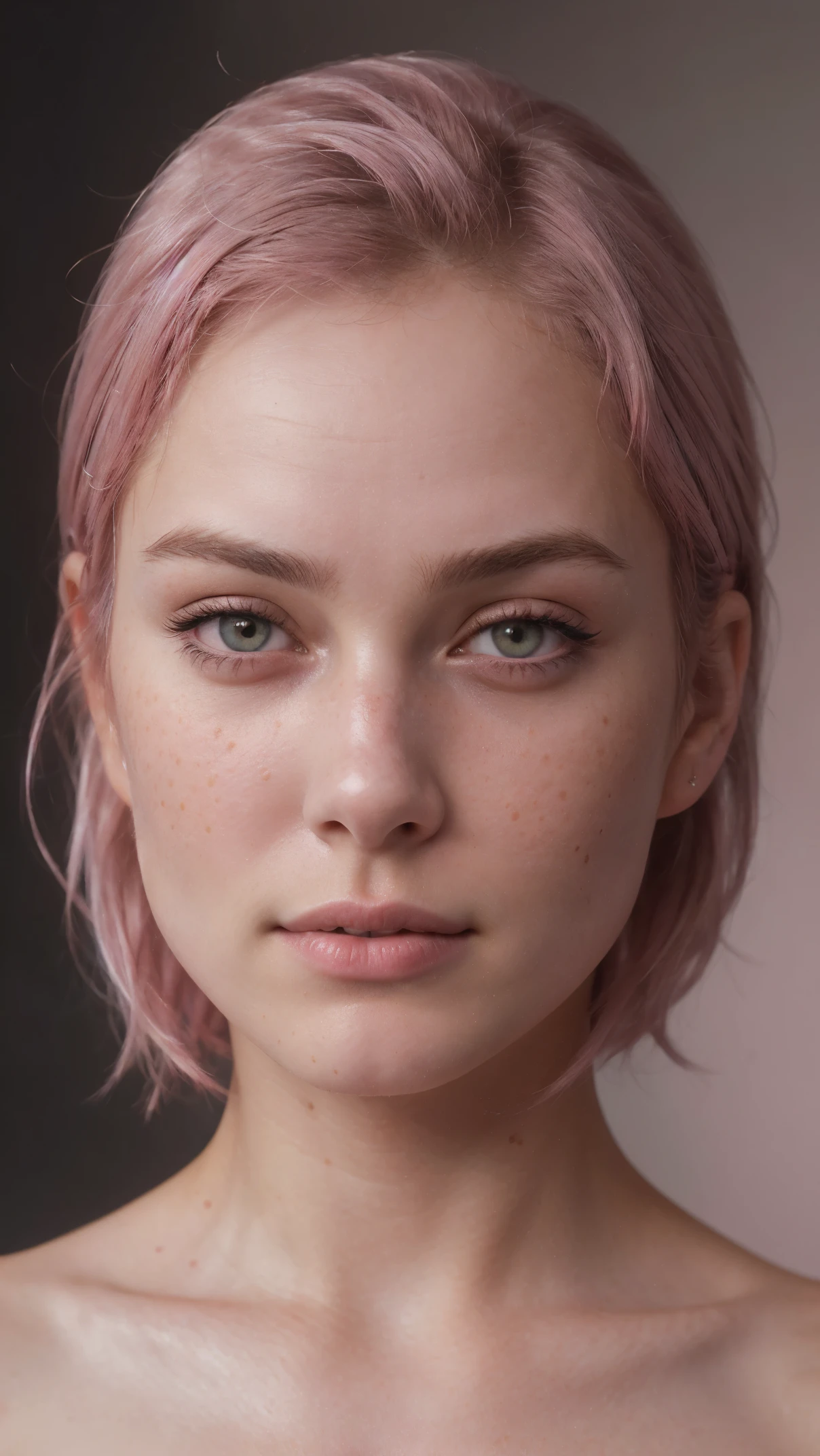 8k, RAW photo, highest quality),(epic realistic:1.5), a beautiful young girl face looking like Kiera Knightley, pink eyes, slim and young face (detailed eyes:0.8),(looking at the camera:1.4), (highest quality), (best shadow),intricate details,cinematic,((skin:1.4)),interior, (medium pink hair:1.3),dark studio,(hdr:1.5),detailed, muted colors, freckles