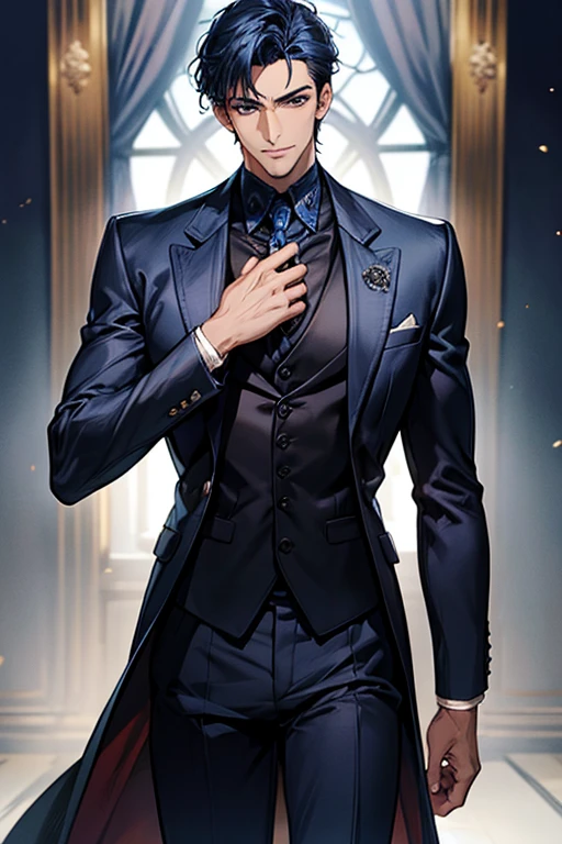 ((muste piece)), ((best quality)), ((brown skin)), ((dark blue eyes)), ((Dark blue hair))、handsome man , ((short hair)), masculine、tall、sexy、Adult man、Three white eyes、handsome man、firmly、muscular、broad shoulders、smile、wild、とてもwild、(((black suit))、 (highest quality), very detailed, focus only,perfect face, very detailed顔