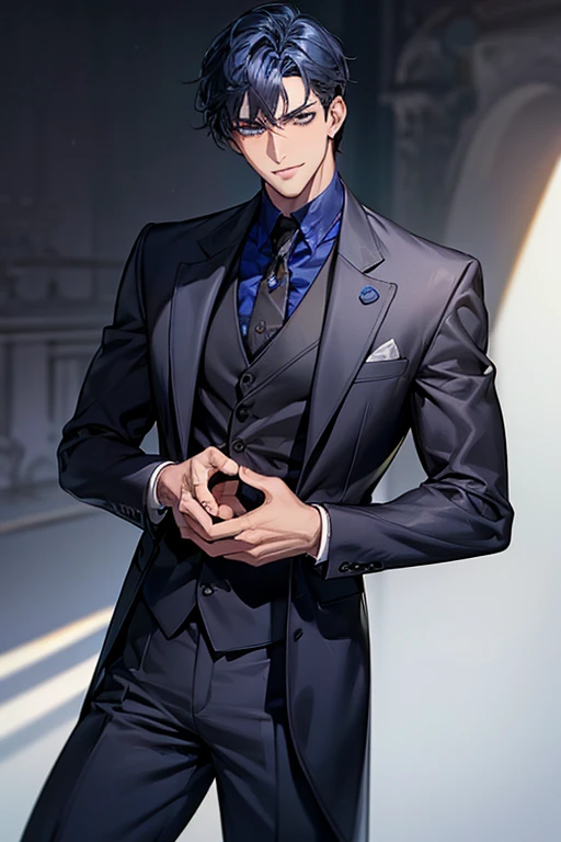 ((muste piece)), ((best quality)), ((brown skin)), ((dark blue eyes)), ((Dark blue hair))、handsome man , ((short hair)), masculine、tall、sexy、Adult man、Three white eyes、handsome man、firmly、muscular、broad shoulders、smile、wild、とてもwild、(((black suit))、 (highest quality), very detailed, focus only，perfect face, very detailed顔