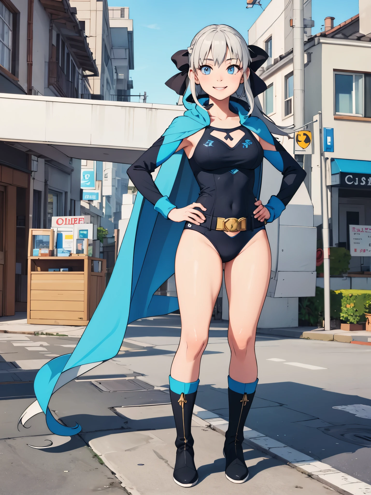 (masterpiece, best quality:1.2), solo, 1girl, morgan le fay, smile, looking at viewer, long grey hair, braid, ponytail, hair bow, superhero, leotard, bare legs, boots, standing, solo focus, tight belt, hands on hip, full body shot, mature lady, city backdrop, ultra highres, absurdres, beautiful face, detailed eyes, symmetric eyes