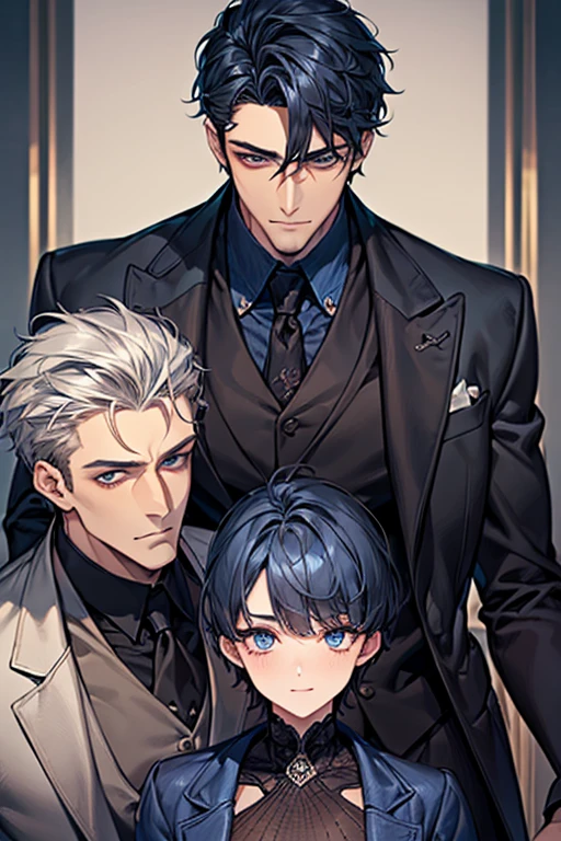 ((muste piece)), ((best quality)), ((brown skin)), ((dark blue eyes)), ((Dark blue hair))、handsome man , ((short hair)), masculine、tall、sexy、Adult man、Three white eyes、handsome man、firmly、muscular、broad shoulders、smile、wild、とてもwild、(((black suit)))、