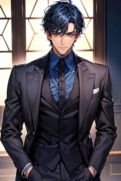 ((muste piece)), ((best quality)), ((brown skin)), ((dark blue eyes)), ((Dark blue hair))、handsome man , ((short hair)), masculine、tall、sexy、Adult man、Three white eyes、handsome man、firmly、muscular、broad shoulders、smile、wild、とてもwild、(((black suit)))、