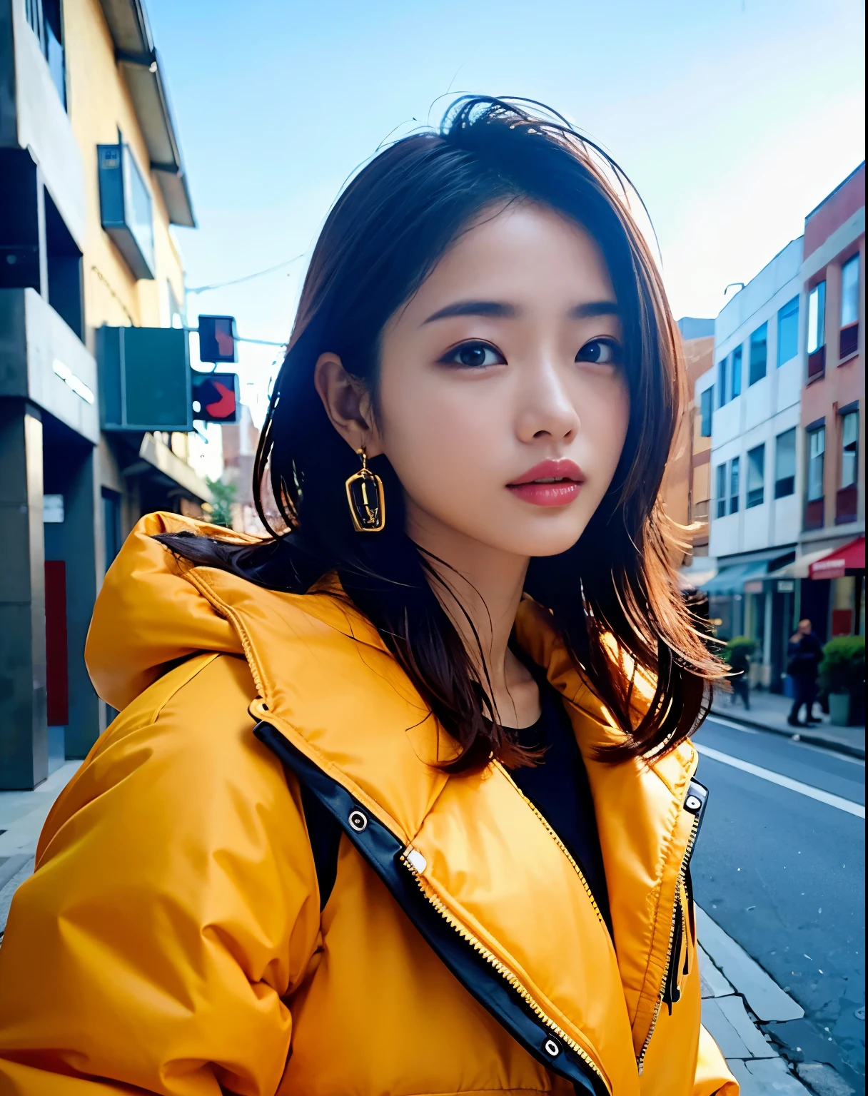 (A woman wearing a down jacket poses on a street corner, highest quality, ((High resolution))), 8K, 1 girl, (small breasts), daytime, bright, outdoor, (street: 0.8), (people々, crowd: 1), (medium hair), beautiful and detailed sky, beautiful earrings,(Upper body: 1.2), soft lighting, Wind, Glossy skin, sight