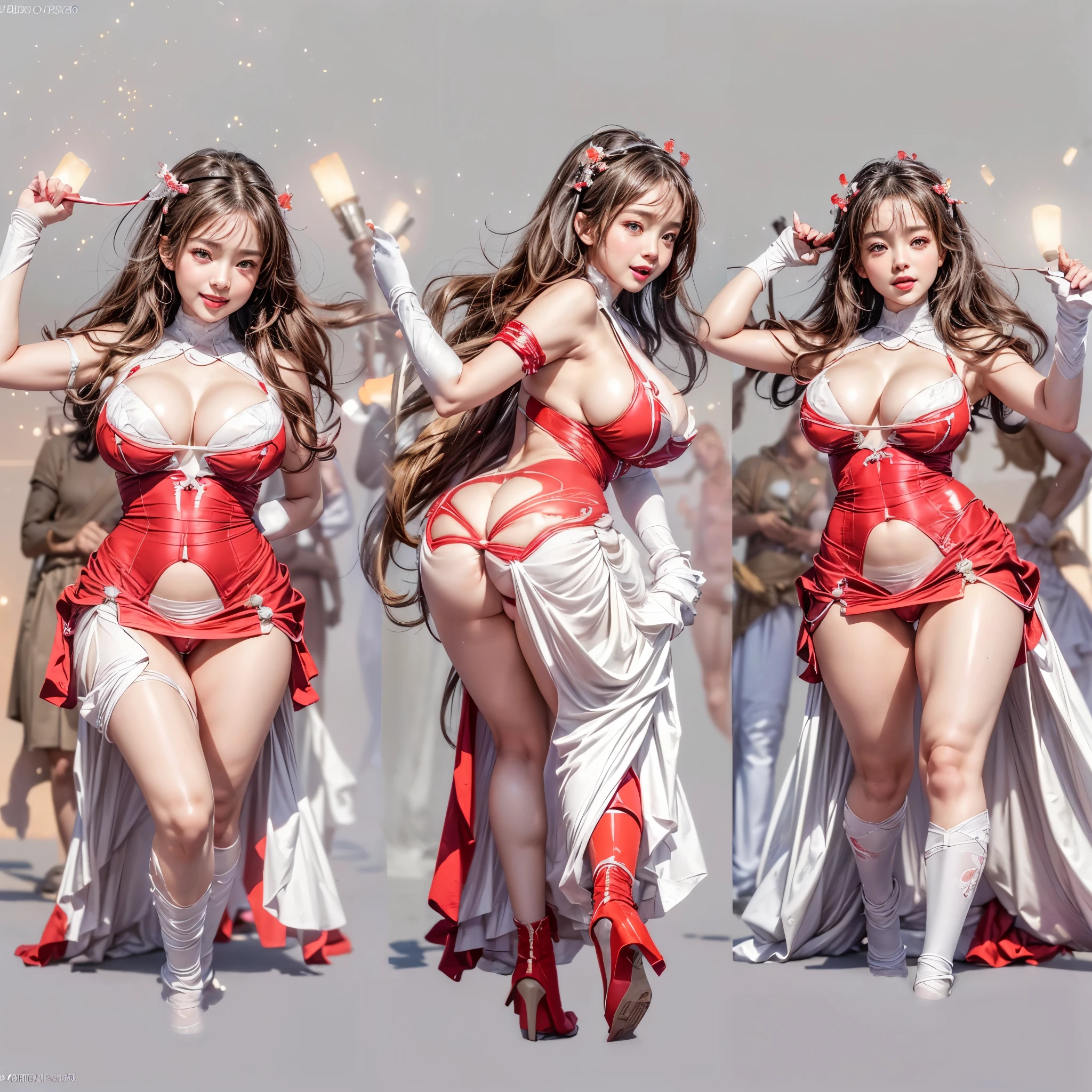 (NSFW:-0.9, nipple:-0.9, Acutance:0.85, White and Red, Mystic sight, (many Dazzling flush lights, lens flares, lens Ghost), Luminous Particles, many colorful Lights ) . (best quality, masterpiece:1.3, realistic, photorealistic, (analog photo:1.37), ultra detailed:1.3) . (Amazing KAWAII actress wearing Red highheels), (Extremely detailed (KAWAII face variations)) with joyful expressions, oiled impeccable ivory skin, Biomechanical HUGE and HEAVY boob, pretty hips, (White Exquisitely long dress with back cutouts), (Exposed backs, Overflowing sideboob), (award ceremony, Walking on stage, large crowd:1.4) . (((Ass focus, butt crack))), Whole Body proportions and all limbs are anatomically accurate .