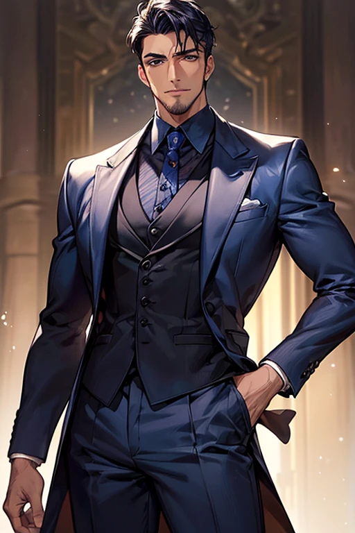 ((muste piece)), ((best quality)), ((brown skin)), ((dark blue eyes)), ((Dark blue hair))、handsome man , ((short hair)), masculine、tall、sexy、Adult man、handsome man、firmly、muscular、broad shoulders、smile、wild、とてもwild、(((black suit))、 (highest quality), very detailed, focus only，perfect face, very detailed顔