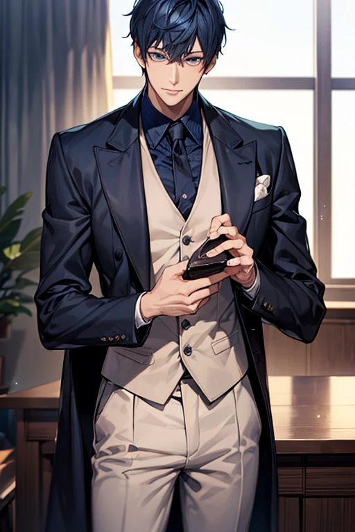 ((muste piece)), ((best quality)), ((brown skin)), ((dark blue eyes)), ((Dark blue hair))、handsome man , ((short hair)), masculine、tall、sexy、Adult man、Three white eyes、handsome man、firmly、muscular、broad shoulders、smile、wild、とてもwild、(((black suit))、 (highest quality), very detailed, focus only,perfect face, very detailed顔、Daiki Aomine