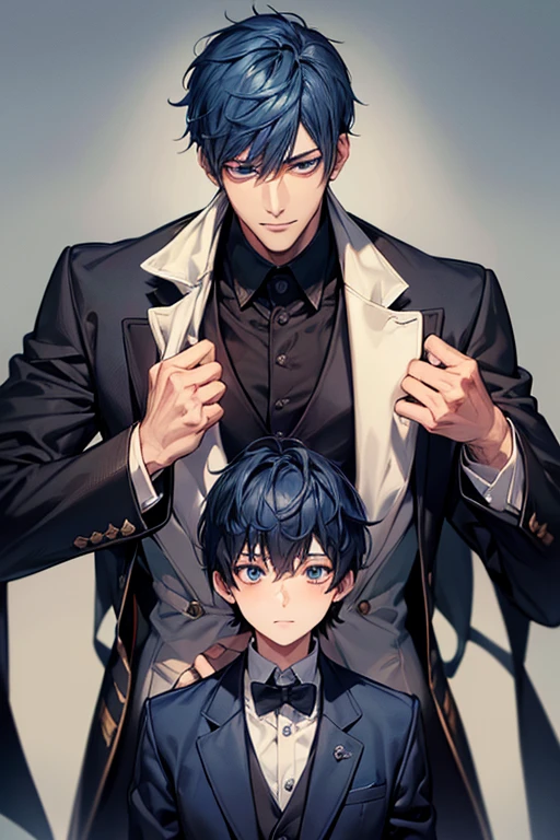 ((muste piece)), ((best quality)), ((brown skin)), ((dark blue eyes)), ((Dark blue hair))、handsome man , ((short hair)), masculine、tall、sexy、Adult man、Three white eyes、handsome man、firmly、muscular、broad shoulders、smile、wild、とてもwild、(((black suit))、 (highest quality), very detailed, focus only,perfect face, very detailed顔、Daiki Aomine