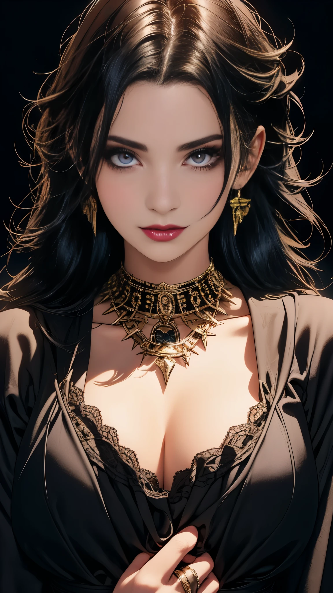 Photograph, Professional, upper body, (detailed face and eye:1.4), purple eyes,(deep cleavages), colorful, color photography of woman, (dark makeup), necklace,(massive perfect breast), earrings, (dark lipstick), partered lips, sharp focus, focus on face, insanely sharp details, extremely detailed, gigantic breasts in frame, 4K HQ, 8K, depth of field, f/1.2, leica, 8K HDR, High contrast, highly retouch, shadows, bokeh, award winning photography, best photographers.