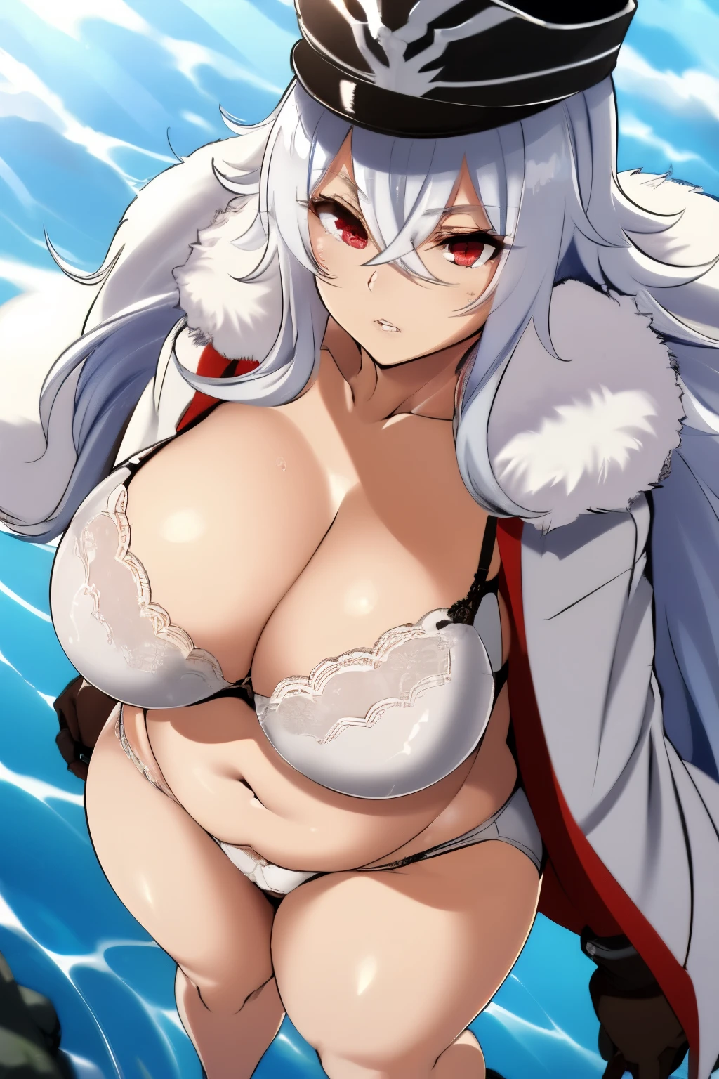 Top-quality, Super high resolution, masterpiece, highres, 8k, UHD, detailed lighting, shaders, Anime screencap, Anime coloring, Graf zeppelin, 1girl, solo, (Breast squeeze, Big boobs, Voluptuous, Plump, Chubby:1.5), Thick thighs, Big ass, Cleavage, White hair, Gray hair, Very long hair, Hair between eyes, Bangs, Crossed bangs, Red eyes, Eyes are glowing, Beautiful eyes, Eyelashes, Beautiful eyes, Hat, Military hat, Black headwear, Bra, Bra peek, (White bra:1.5), Fur trim, Gloves, Brown gloves, Black gloves, Peaked cap, Cape, Fur trimmed cape, Military, Military uniform, Uniform, Jacket, (White underwear:1.5), Long sleeves, Cross, Iron cross, Ultimate beautiful girl, Ultimate beautiful face, Proportioned face, Lips, Parted lips, Cowboy shot, Fullbody, Looking at viewer, (Expressionless, Blue sky, On the sea, Natural background, Sunlight, Cloud:1.2), (Close-up, From above:1.5)