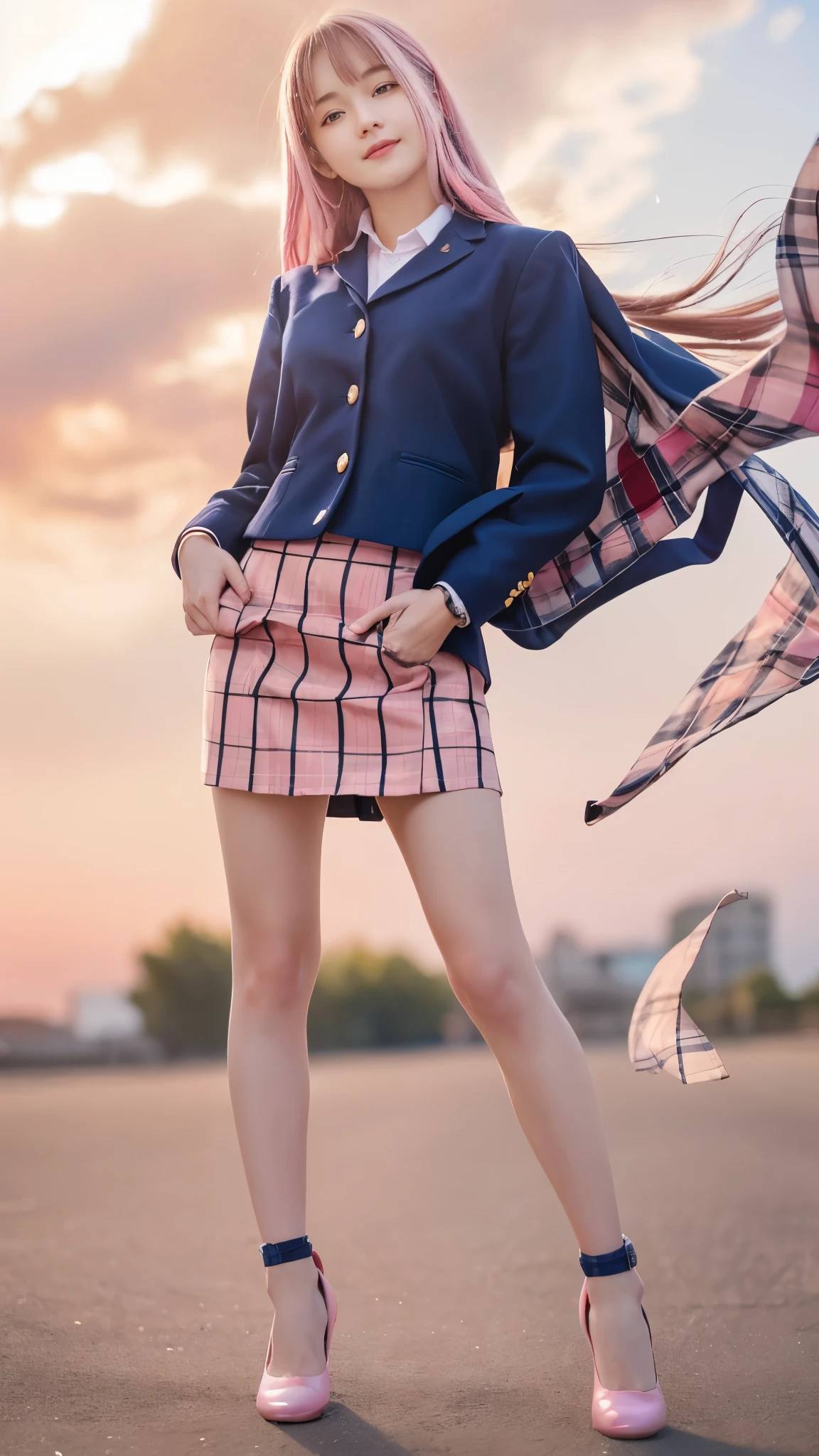 Photo taken by a professional photographer,table top, highest quality, Super detailed, finely, High resolution, 8k wallpaper, perfect dynamic composition, beautiful and detailed eyes,medium hair, natural color lip,smile,(Wearing a navy blue school blazer uniform:1.3),(long hair:1.3),standing in the park,(The wind is blowing、navy blue and pink plaid skirt:1.6),cowboy_shot,18 year old girl,Backlight