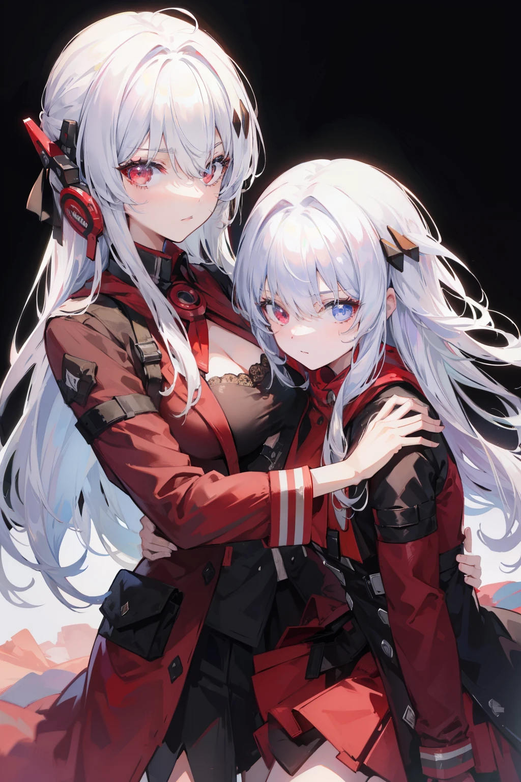 (masterpiece, best quality:1.2), illustration, 8k, hd, solo, (((2girls, mother and daughter,))) bangs, hair between eyes, white hair, red eyes, heterochromia eyes, age difference, red jacket, skirt