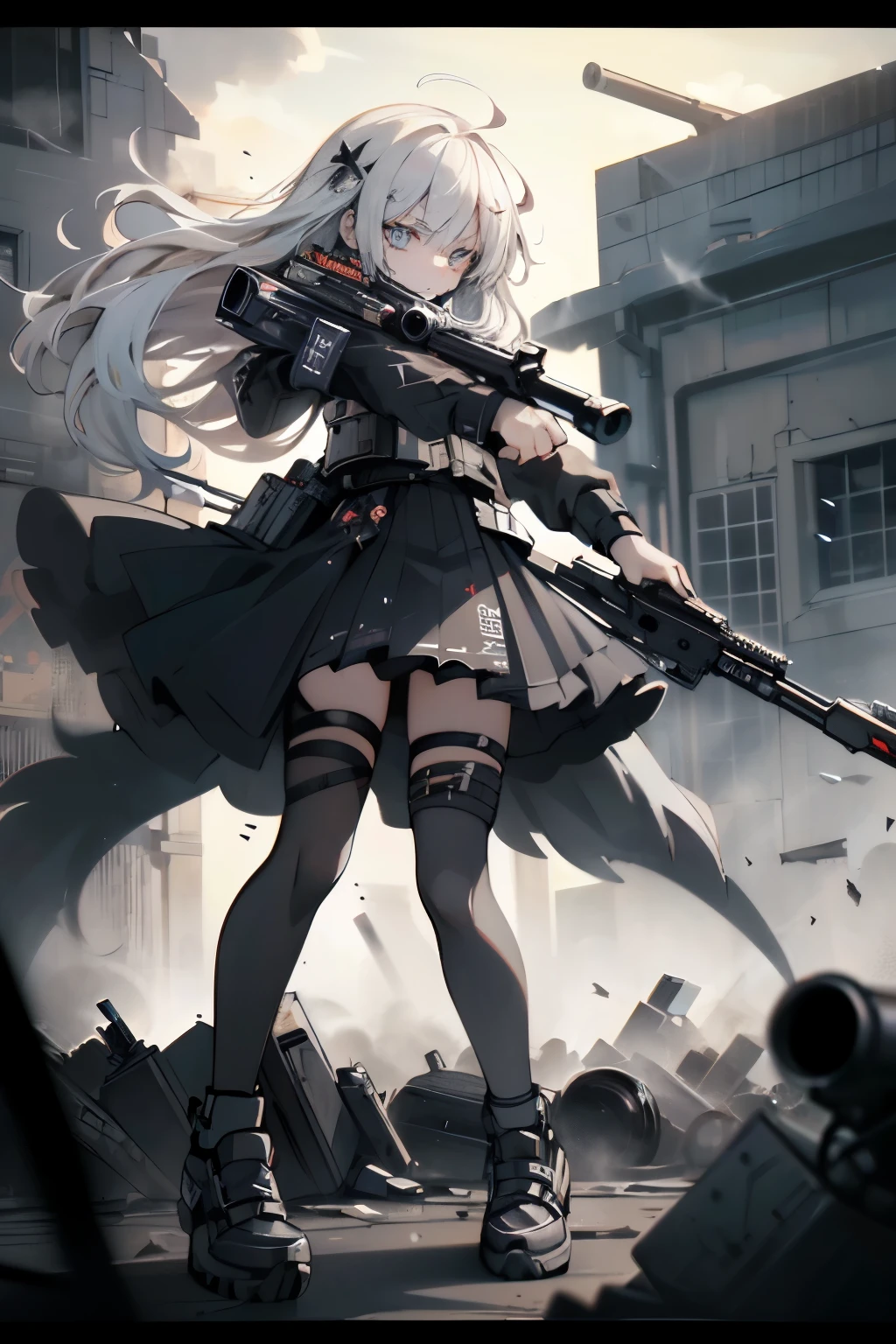 {{Masterpiece, top quality, highly detailed CG, unified 8k wallpaper, movie lighting, lens flare}}, 1 girl holding a rifle through the wall, wide view, thick body, long blonde hair soaring in the wind, green eyes, (holding a weapon, holding a rifle, aiming, aiming: 1.4), gun, h&k hk416, carbine, open fire, rubble, ruins of conflict areas, plumes, nitric smoke, blast waves, Flying bullets, sniper, 35mm, f/1.8, night, blue eyes
