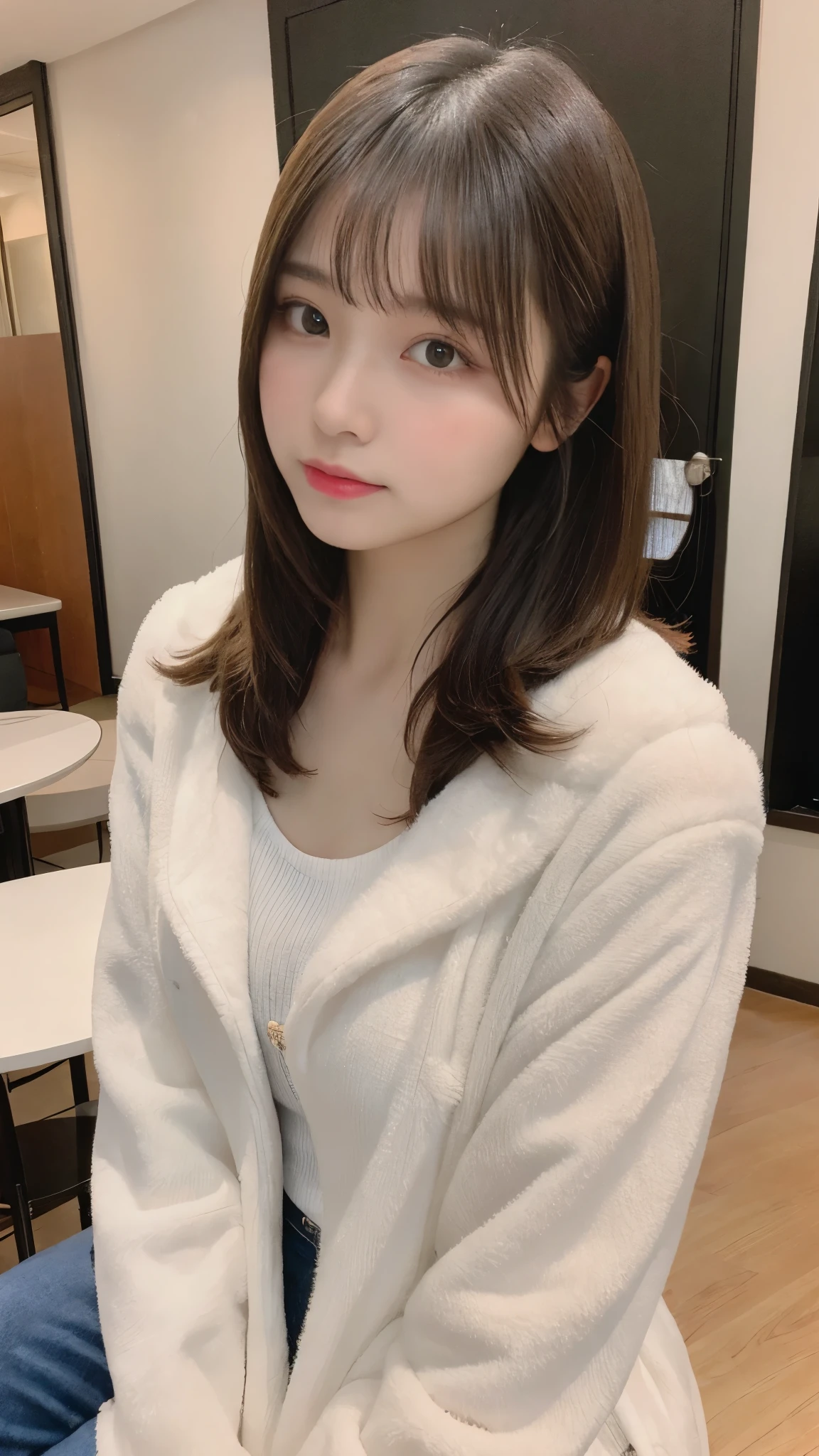 table top, highest quality, figure, super detailed, finely, High resolution, 8k wallpaper, 完璧なダイナミックな構figure, beautiful and fine eyes, woman&#39;s fashion fluffy winter clothes,medium hair,small breasts natural color lip, bold sexy pose、20 year old girl、cute、sexy shot looking at camera,RAW photo,anatomically correct body,blur the background,perfect and beautiful face,KPOP idol face,Slim face and body