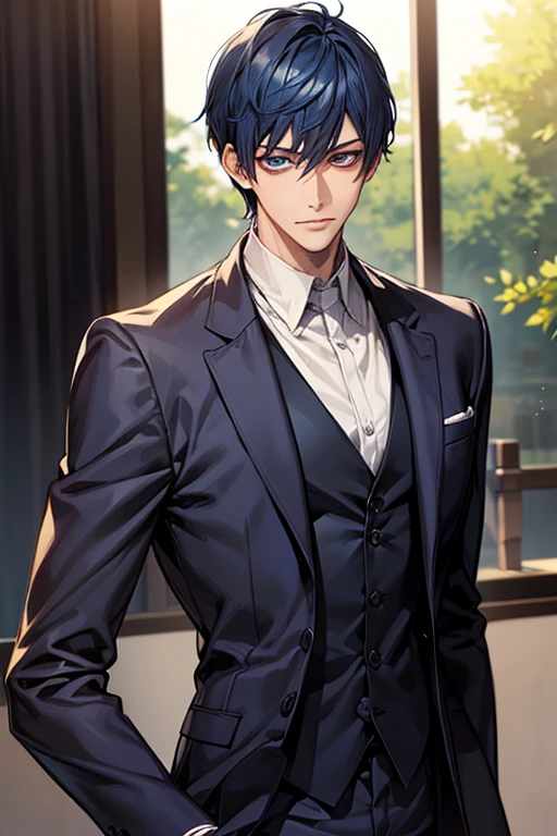((muste piece)), ((best quality)), ((brown skin)), ((dark blue eyes)), ((Dark blue hair))、handsome man , ((short hair)), masculine、tall、sexy、Adult man、Three white eyes、handsome man、firmly、muscular、broad shoulders、wild、とてもwild、(((black suit))、 (highest quality), very detailed, focus only，perfect face, very detailed顔、Daiki Aomine