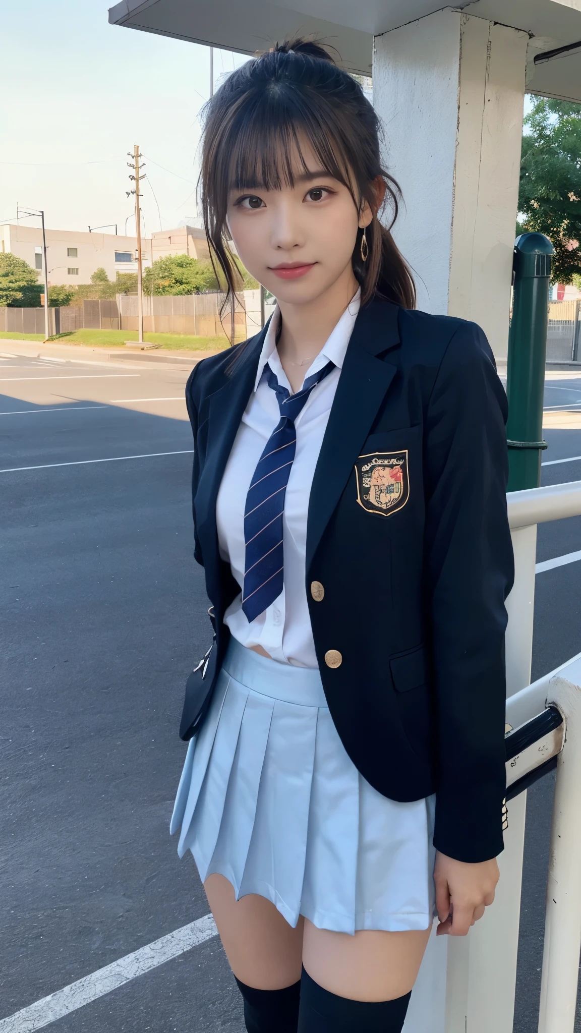 mix 4, (16K, Raw photo, best image quality, masterpiece: 1.45), (realistic, Photoreal: 1.37), one girl, cute, cityscape,, professional lighting, photon mapping, school classroom, Physically based rendering, dark brown hair,ponytail hairstyle, Beautiful well-groomed eyes、((double eyelid))、super cute girl, (((school uniform、blazer、Long-sleeved shirts worn by Japanese high school girls、ribbon tie、Navy blue super super super mini skirt,、dark blue socks、black loafers))), highest quality photos, High resolution, 1080P, (clear face), (Detailed facial description), (detailed description of hands), (masterpiece), (Detailed CG)、extreme light and shadow、messy hair、master work、Rich details、(detailed facial features)、(highest quality photos)、(Masseter muscle part)、(detailed eye)、look in front of you、thin clavicle、((slender and big))、(((Japanese high school girls wear long-sleeved shirts)))、((neat idol))、((school gate、schoolyard、School building in the background))、(Take photos from random viewpoints)、(((Anyway it&#39;s cute)))、earrings、big smile、Draw the whole body from the knees、Do not draw fine lines、(((Sports bags used by Japan schoolgirls)))、(small breasts:1.2)、small buttocks with tension、Two arms and two legs、(((from the front:0.7)))、bare hands、(((symmetrical eyes)))、standing pose、put your hands on the desk、Do not remove the tie from the jacket､