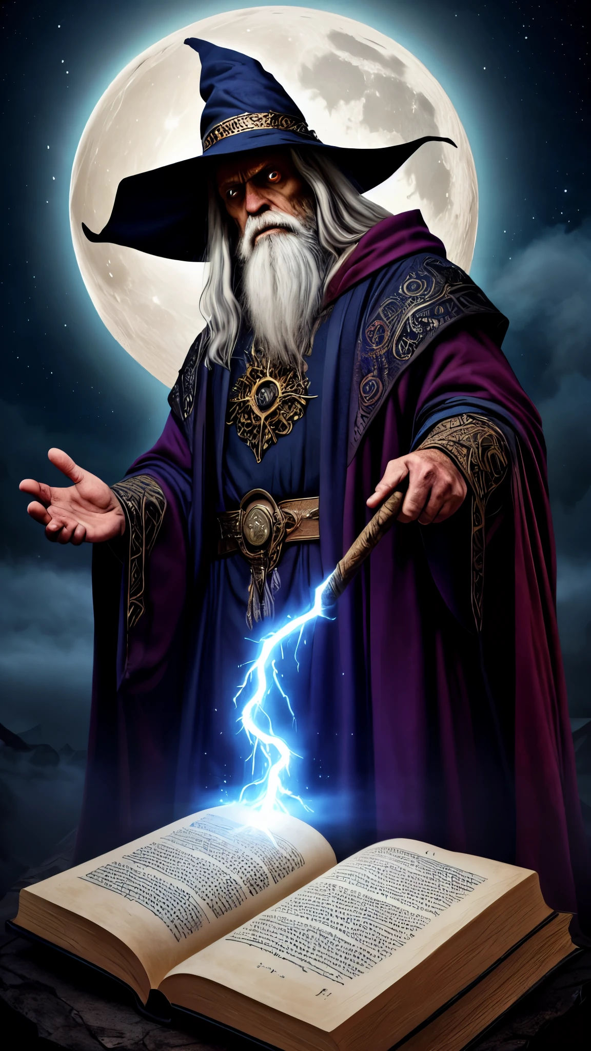 (best quality,4k,8k,highres,masterpiece:1.2),ultra-detailed,wise gaze,magical power,ancient wizard,flowing beard,eyebrows full of wisdom,meteorite staff,dark cloak,glowing runes,crackling lightning,mystical aura,aged face with wrinkles,long white hair,powerful wizard's hat,enchanted blue eyes,weathered hands,ancient book of spells,library filled with ancient tomes,star-filled sky,moonlit night,spellbinding power,ancient ruins,ominous atmosphere,elemental magic,arcane symbols,ethereal glow,sage-like appearance,spell-casting pose,mysterious background,commanding presence,sorcerer of old,unfathomable knowledge,serene expression,surrounding mist,otherworldly realms,vibrant colors,spellbinding artistry,luminous spell effects,sorcery and enchantment,sorcerer's secrets,master of the arcane,magical incantations,ages-old wisdom,mesmerizing artwork