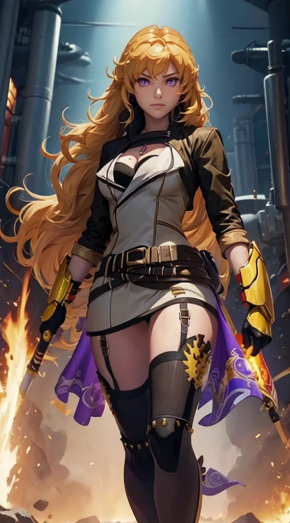 masterpiece,best quality,CG,wallpaper,HDR,high quality,high-definition,extremely detailed,(1girl), Yang Xiao Long, red eyes, absurdly long hair, large breasts, (yanghntr), jacket, thighhighs, garter straps, ahoge, belt, boots, black skirt, night, , gauntlets, ((glowing eyes)), walking,purple