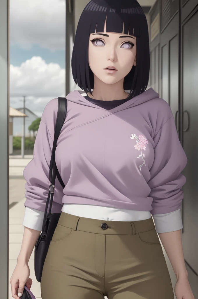 master part, absurdos, Hinata\(Boruto\), 1girl, sozinho,Mature female, Capuz roxo,mangas em camadas, brown pants, ao ar livre, Cloudy sky, perfect composition, circunstanciado lips, peito grande, beautiful face, body propotion, corar, (pink lips), cabelos pretos curto (black hair), lilac eyes, olhar suave, super realistic, circunstanciado, Photo Session, rosto e corpo realistas, Realistic hair, olhos realistas, nariz realista, realistic lips, brown pants, anime, andando sob as petalas de flores, lilac sneakers