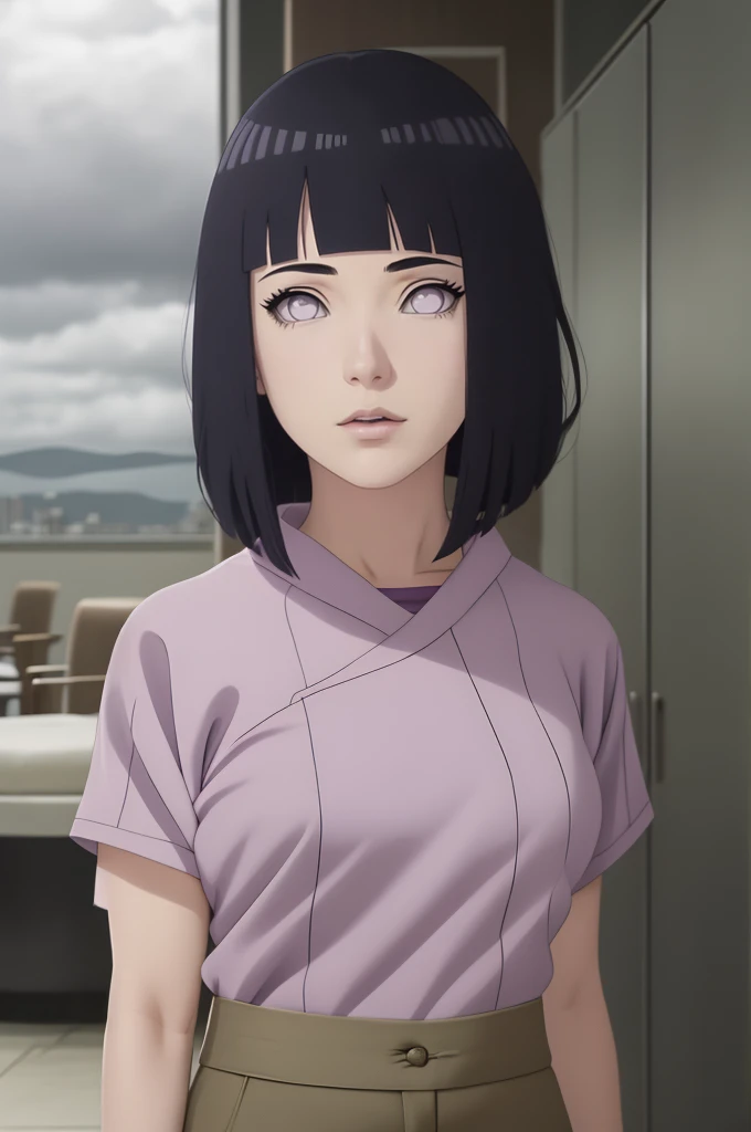 master part, absurdos, Hinata\(Boruto\), 1girl, sozinho,Mature female, Capuz roxo,mangas em camadas, brown pants, ao ar livre, Cloudy sky, perfect composition, circunstanciado lips, peito grande, beautiful face, body propotion, corar, (pink lips), cabelos pretos curto (black hair), lilac eyes, olhar suave, super realistic, circunstanciado, Photo Session, rosto e corpo realistas, Realistic hair, olhos realistas, nariz realista, realistic lips, brown pants, anime, andando sob as petalas de flores, lilac sneakers
