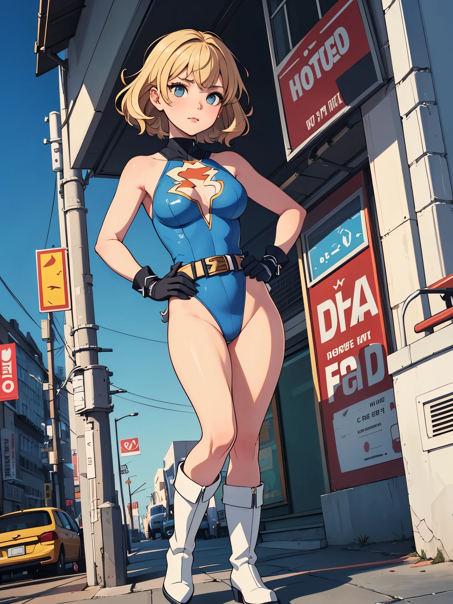 1girl, medium breasts, (leotard, highleg leotard, light blue leotard), (lighting bolt emblem on chest), bare legs, (tight belt), boots, matching boots, gloves, city backdrop, solo, single, hands on hip, standing, full body shot, cowboy shot, superhero, power, diffraction spikes, blonde hair, short hair, wavy hair, high school backdrop, outdoors, mature lady, teacher, ultra highres, absurdres, beautiful face, detailed eyes, symmetric eyes