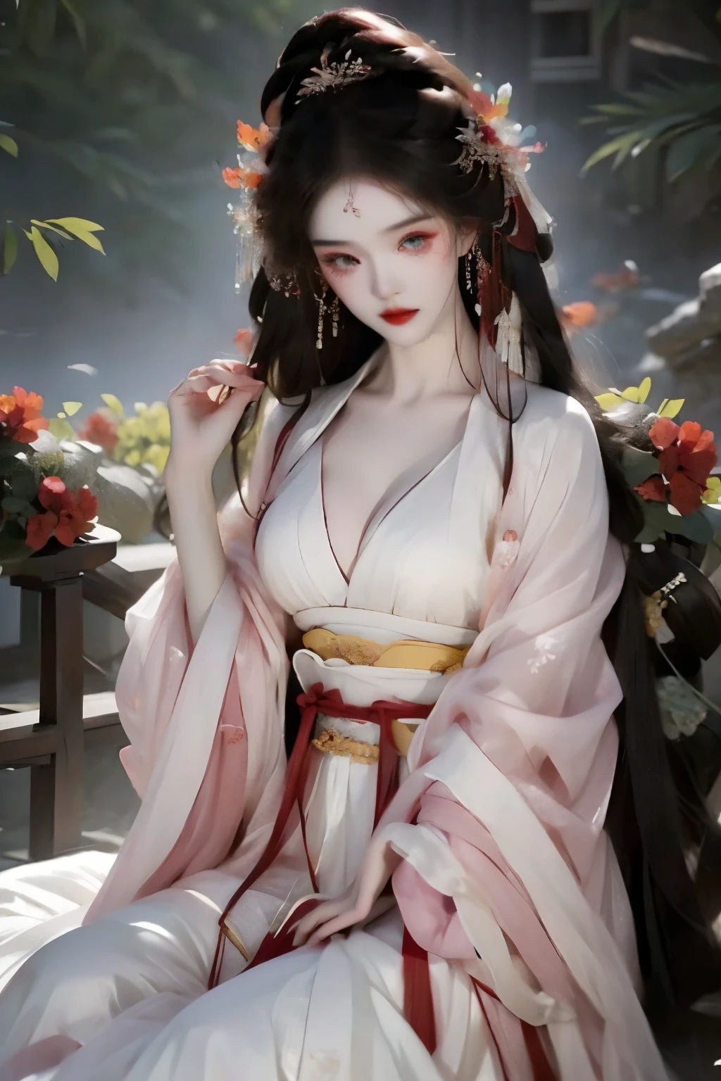 One wearing a red dress、Close-up of woman with red flowers in hair, ((beautiful fantasy queen)), beautiful fantasy queen, Inspired by Lan Ying, Inspired by Qiu Ying, full body xianxia, Queen of China, Inspired by Zhu Lian, palace ， A girl wearing Hanfu, Inspired by Huang Ji, Inspired by Wang Meng
