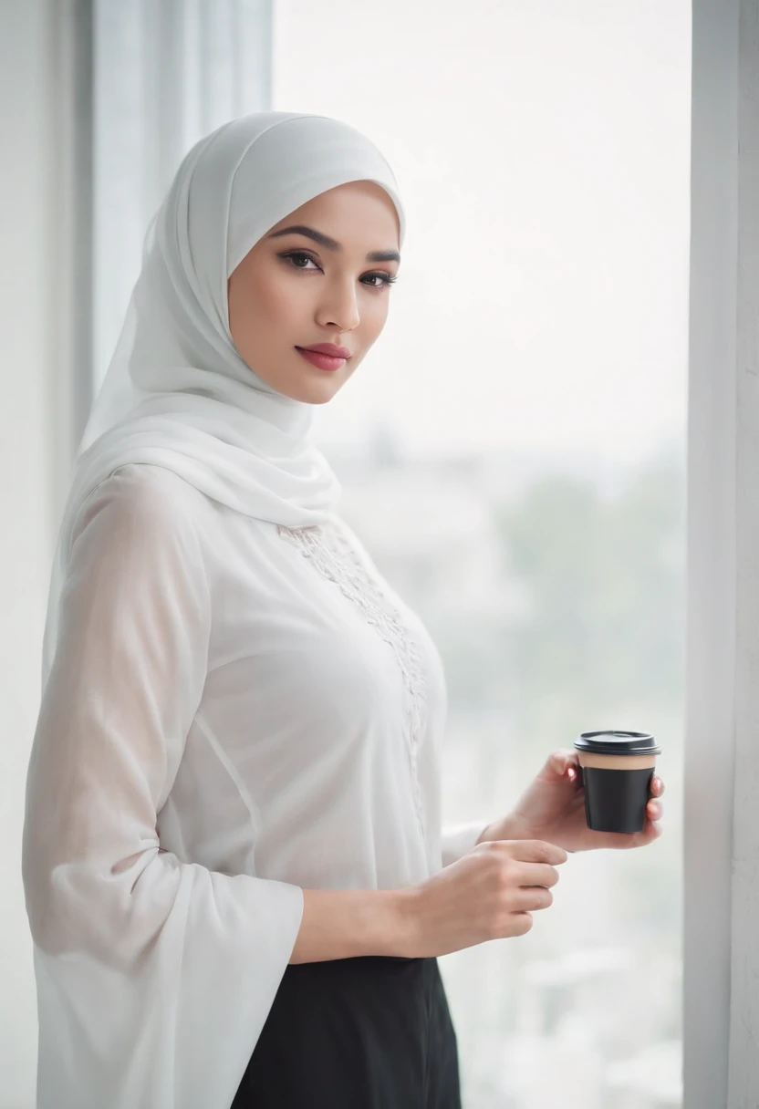 full body photo of a beautiful woman, 29 years old, originally from Indonesia wearing a long stylish white hijab and black trousers, detailed face, perfectly proportional body. standing pose facing the window, shady face, holding a coffee cup, white room and bed background, hyperrealistic, photorealistic, photography, Full HD 8K