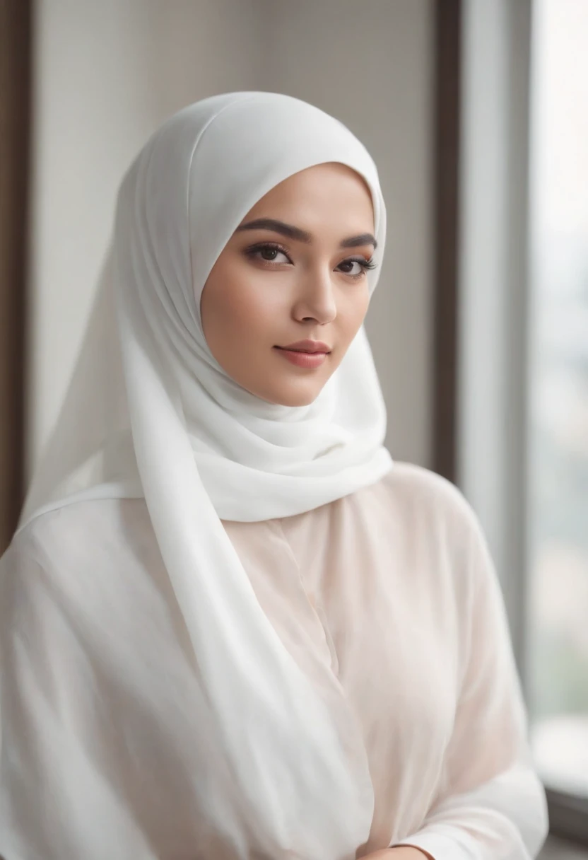 full body photo of a beautiful woman, 29 years old, originally from Indonesia wearing a long stylish white hijab and black trousers, detailed face, perfectly proportional body. standing pose facing the window, shady face, holding a coffee cup, white room and bed background, hyperrealistic, photorealistic, photography, Full HD 8K