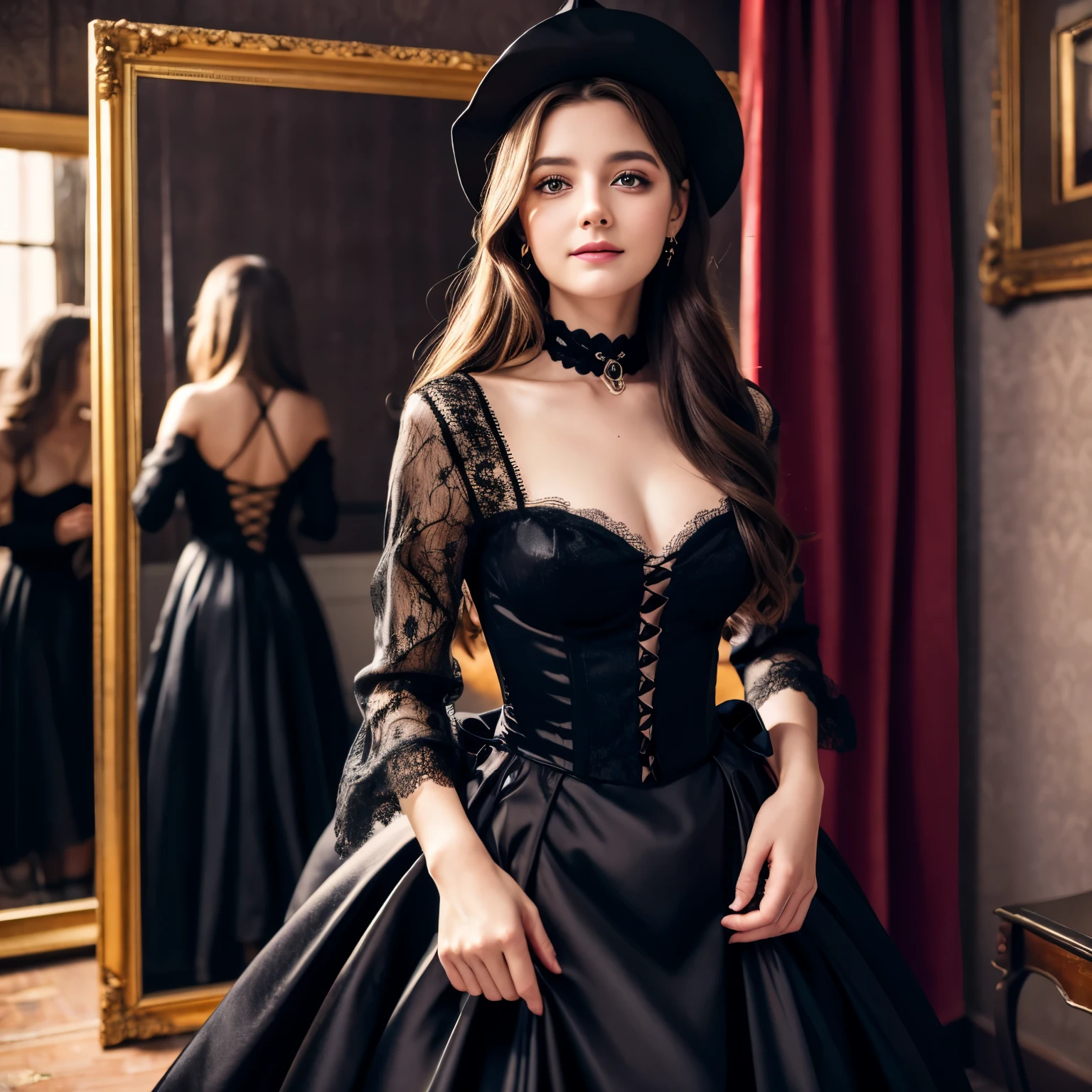 best quality,ultra-detailed,realistic,photorealistic,pink-eyed,long-haired girl looks happy,beautiful detailed eyes,beautiful detailed lips,long eyelashes,best quality portrait painting,detailed,physically-based rendering,ultra-fine painting,fine details,painting,a teenage boy has joined a witch coven and gets magically transformed into a cute teenage witch girl,gender bending,witches are helping putting clothes on the new girl,girl happily getting dressed in a stunning black victorian dress, physically-based rendering,gorgeous dress design,flowing gown,elaborate lace details,rich textures,contrast stitching,delicate ribbon bows,floral accents,full skirt,high neckline,long sleeves,fitted waistline,flared cuffs,lace-up back,luxurious fabrics,flawless silhouette,high heels, pink-eyed girl,effeminate face,pointy hat,long black hair,witches assisting in dressing up the new girl,promptly helps the new girl getting dressed in a stunning black Victorian dress, in a old wooden dark cabin with worned out furniture and occultist witch symbol, high resolution, 4K, 8K