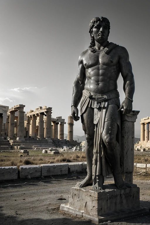 A dark landscape image of an ancient greek society deeply connected to stoicism, black and white, ancient greek architecture, include one single big statue of a stereotypical strong greek man