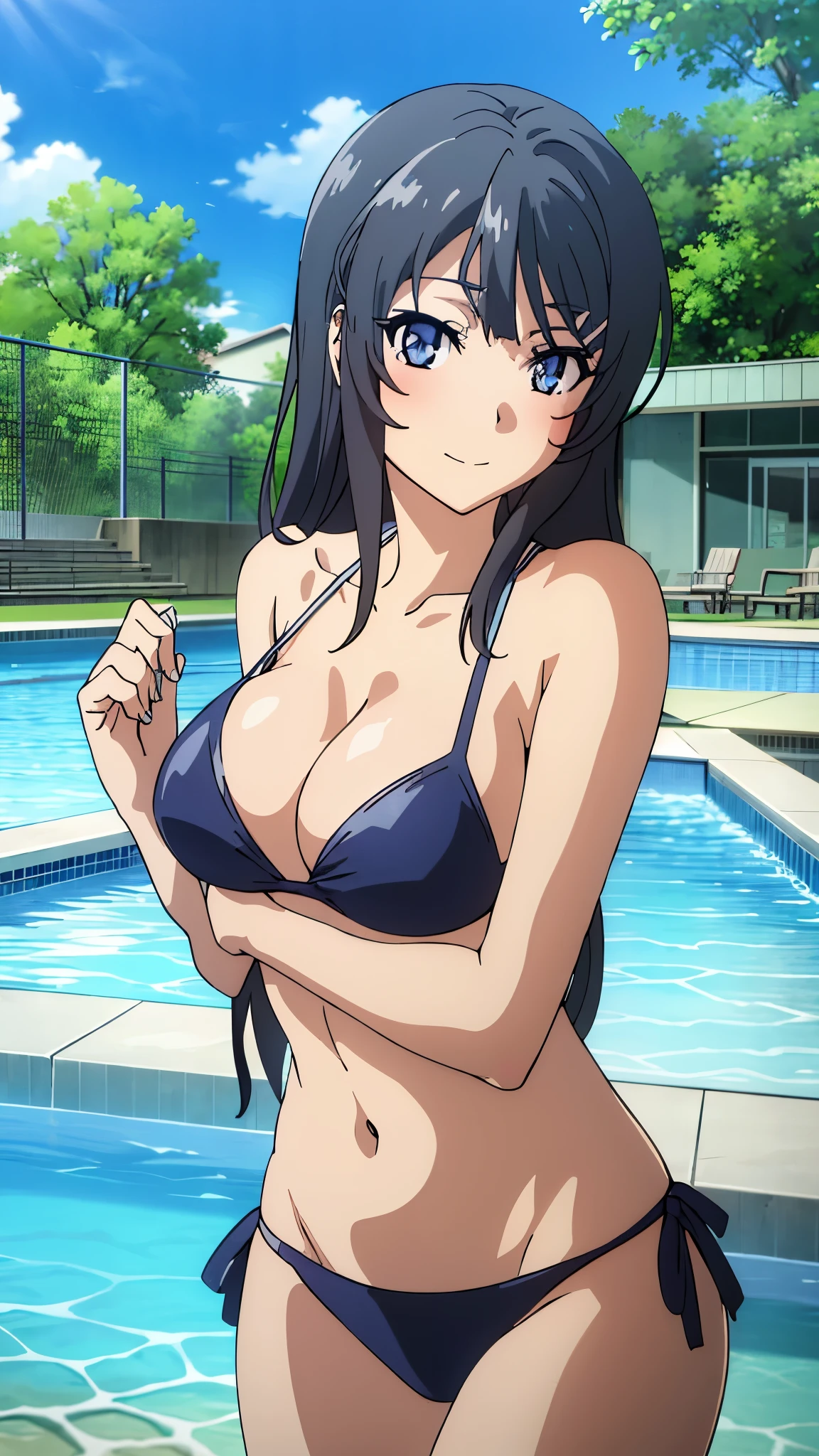 (highest quality:1.4), 8K resolution, Ultra HD, (High resolution:1.4), cinematic light, 1 girl, embarrassed face, very fine eyes,medium-sized chest、clear white skin, beautiful breasts, bikini, (cleavage:1.3), outdoor, swimming pool, Clear blue sky,blush、looking at the viewer、model pose、forced smile