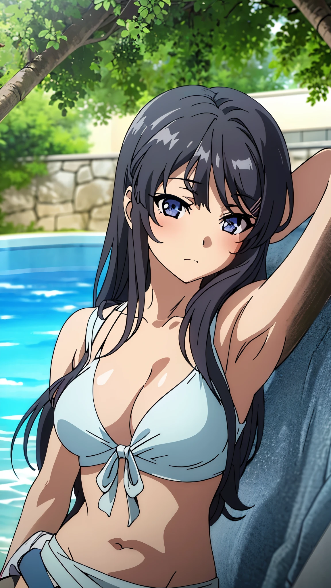 (highest quality:1.4), 8K resolution, Ultra HD, (High resolution:1.4), cinematic light, 1 girl, embarrassed face, very fine eyes,medium-sized chest、clear white skin, beautiful breasts, bikini, (cleavage:1.3), outdoor, swimming pool, Clear blue sky,blush、looking at the viewer、model pose