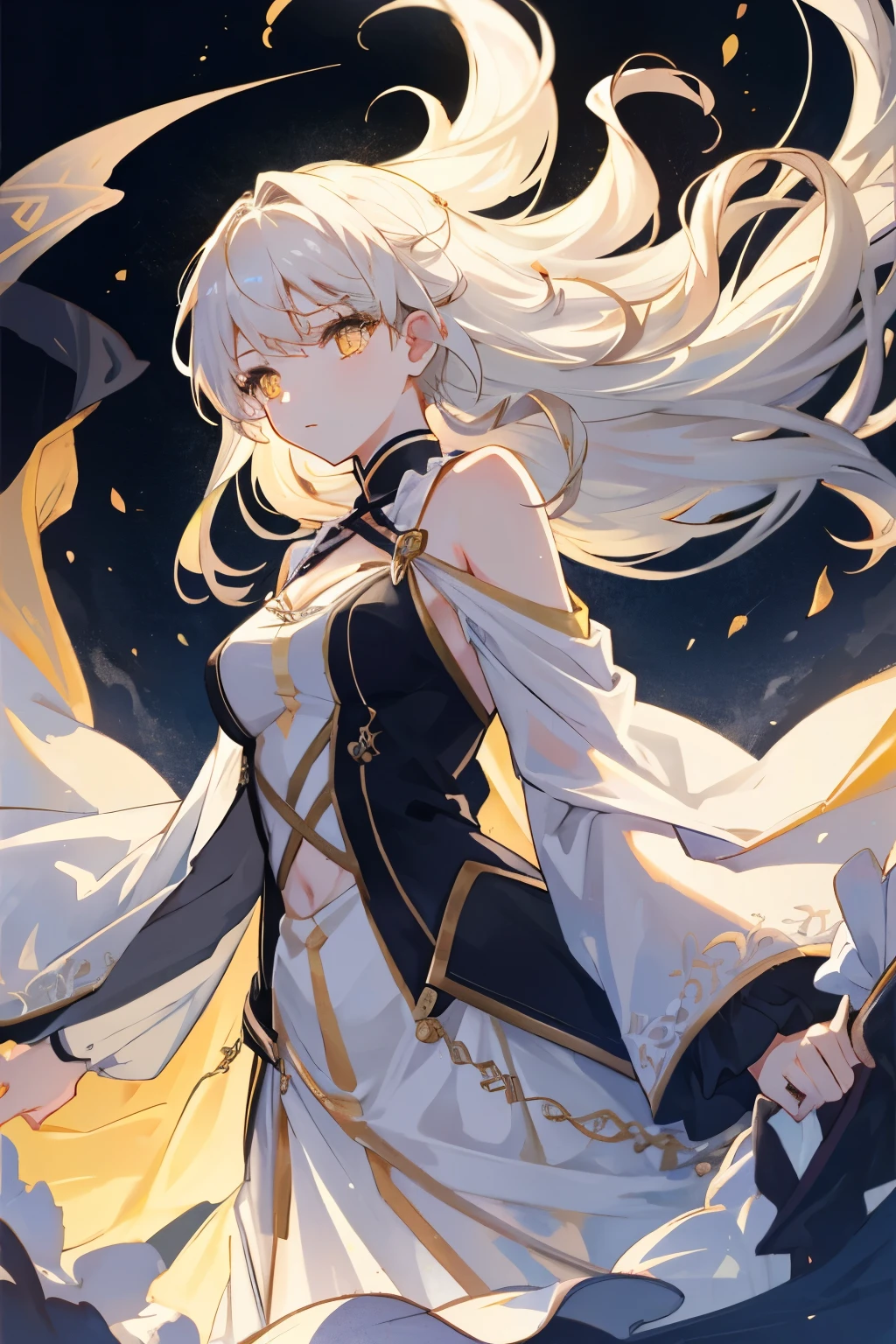 an extremely delicate and beautiful CG illustration, best quality, high resolution, dynamic angle, full-length shot, (1girl), yellow eyes and straight long white hair, floating, soft light, high-key lighting)