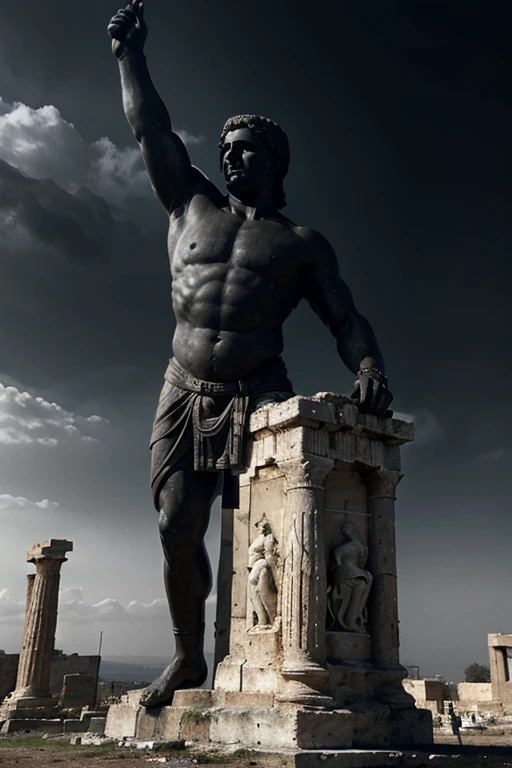 A dark landscape image of an ancient greek society deeply connected to stoicism, black and white, ancient greek architecture, include one single big statue of a stereotypical strong greek man, dark ambience