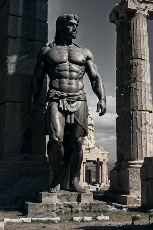 A dark landscape image of an ancient greek society deeply connected to stoicism, black and white, ancient greek architecture, include one single big statue of a stereotypical strong greek man, dark ambience