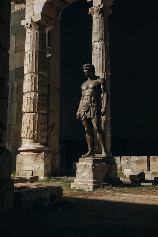 A dark landscape image of an ancient greek society deeply connected to stoicism, black and white, ancient greek architecture, include one single big statue of a stereotypical strong greek man, dark ambience