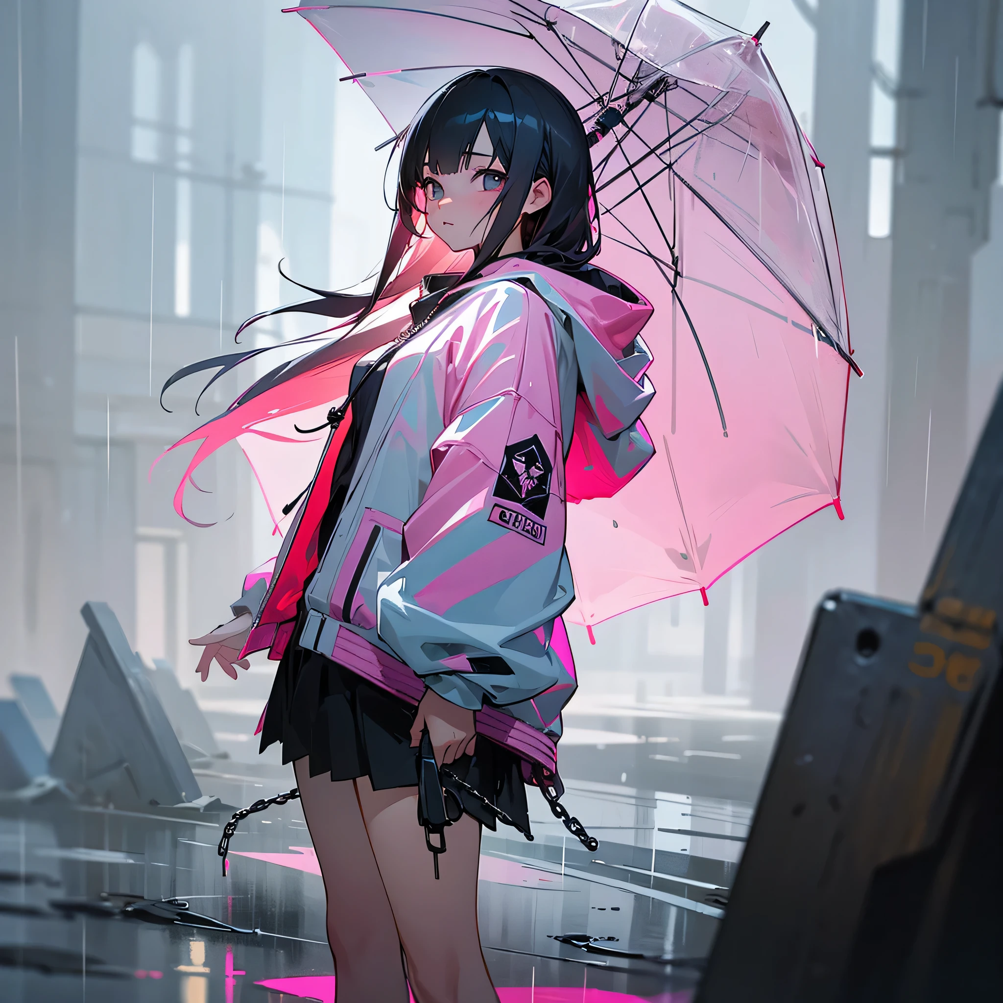 1girl, jacket, rain, outdoor, hoodie, open jacket, chain,cute, kawai, looking at another, trending on artstation, 8k resolution, highly detailed, anatomically correct, sharp image, digital painting, concept art, trending on pixiv, pink, attractive aspect, hot look