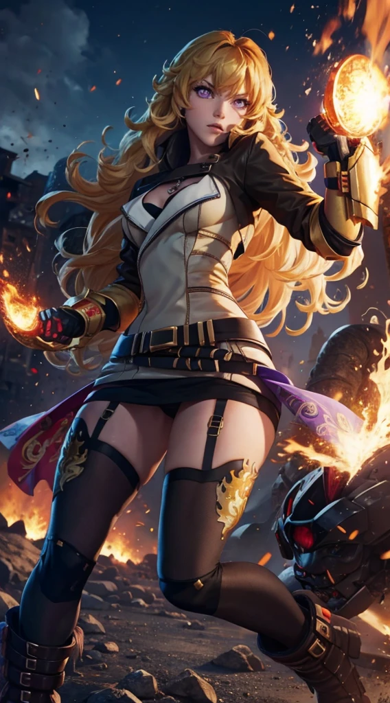 masterpiece,best quality,CG,wallpaper,HDR,high quality,high-definition,extremely detailed,(1girl), Yang Xiao Long, red eyes, absurdly long hair, large breasts, (yanghntr), jacket, thighhighs, garter straps, ahoge, belt, boots, black skirt, night, angry, gauntlets, ((glowing eyes)), standing, purple