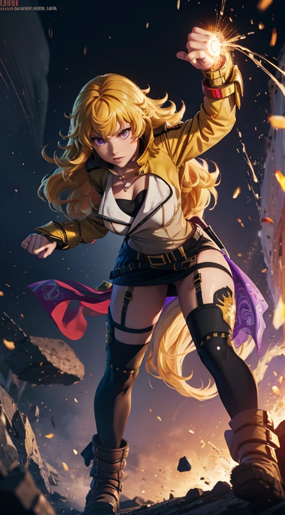 masterpiece,best quality,CG,wallpaper,HDR,high quality,high-definition,extremely detailed,(1girl), Yang Xiao Long, red eyes, absurdly long hair, large breasts, (yanghntr), jacket, thighhighs, garter straps, ahoge, belt, boots, black skirt, night, angry, gauntlets, ((glowing eyes)), standing, purple