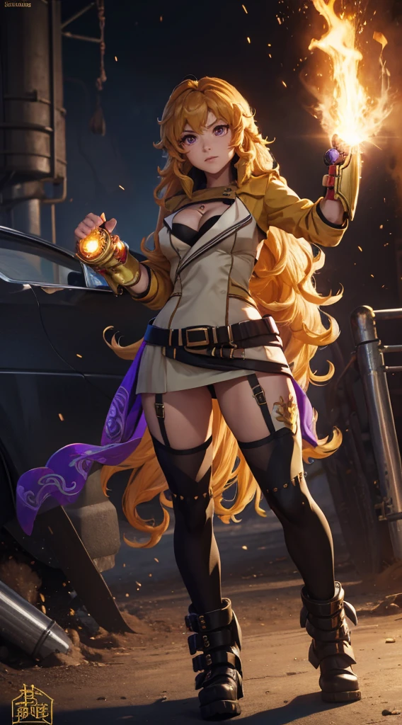 masterpiece,best quality,CG,wallpaper,HDR,high quality,high-definition,extremely detailed,(1girl), Yang Xiao Long, red eyes, absurdly long hair, large breasts, (yanghntr), jacket, thighhighs, garter straps, ahoge, belt, boots, black skirt, night, angry, gauntlets, ((glowing eyes)), standing, purple