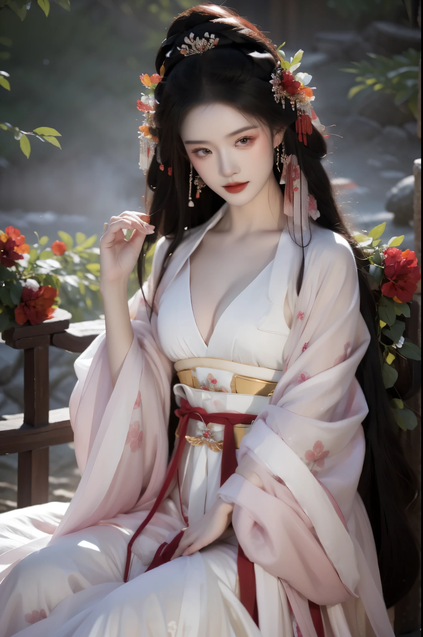 One wearing a red dress、Close-up of woman with red flowers in hair, ((beautiful fantasy queen)), beautiful fantasy queen, Inspired by Lan Ying, Inspired by Qiu Ying, full body xianxia, Queen of China, Inspired by Zhu Lian, palace ， A girl wearing Hanfu, Inspired by Huang Ji, Inspired by Wang Meng
